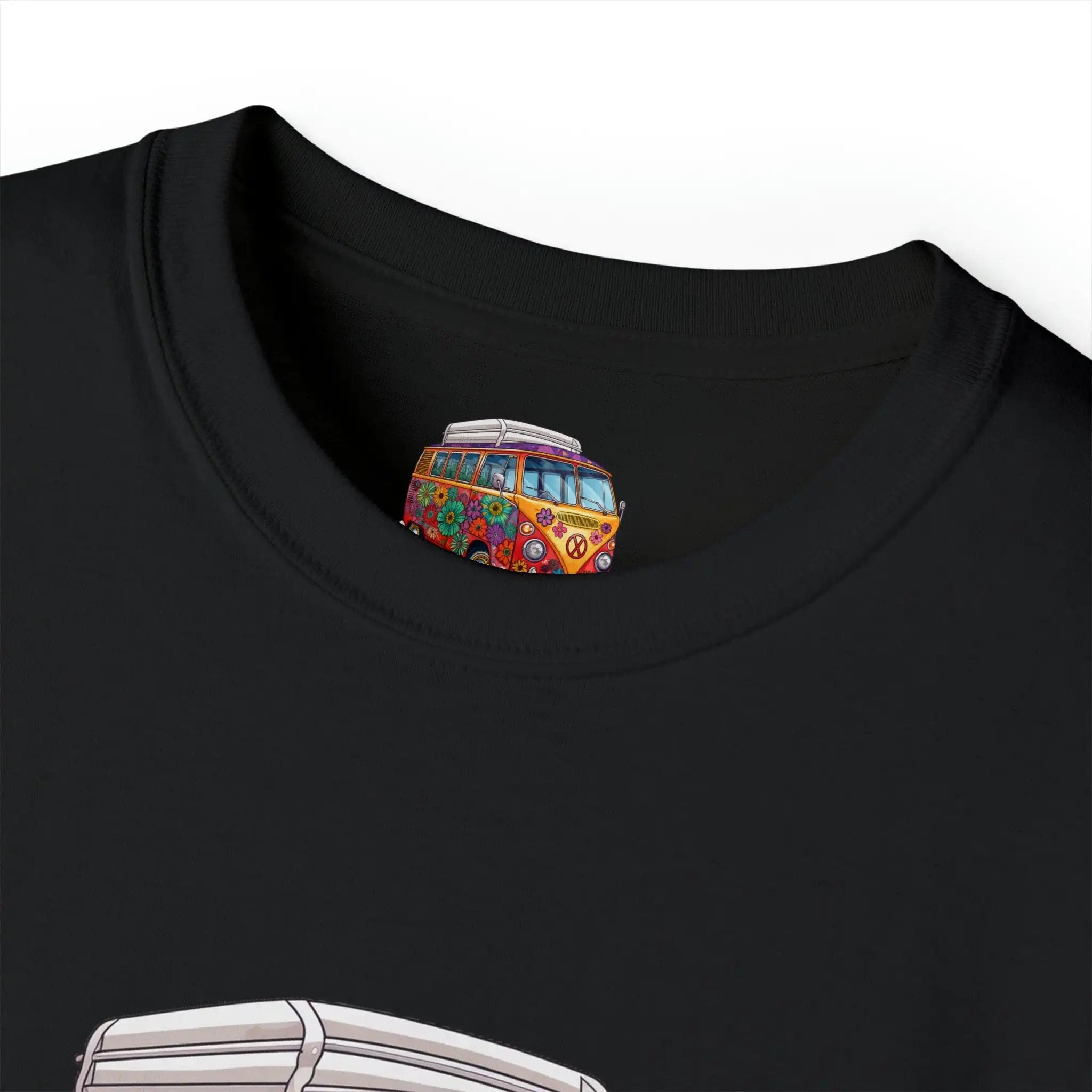 men tee graphic | a black t - shirt with a colorful bus on it