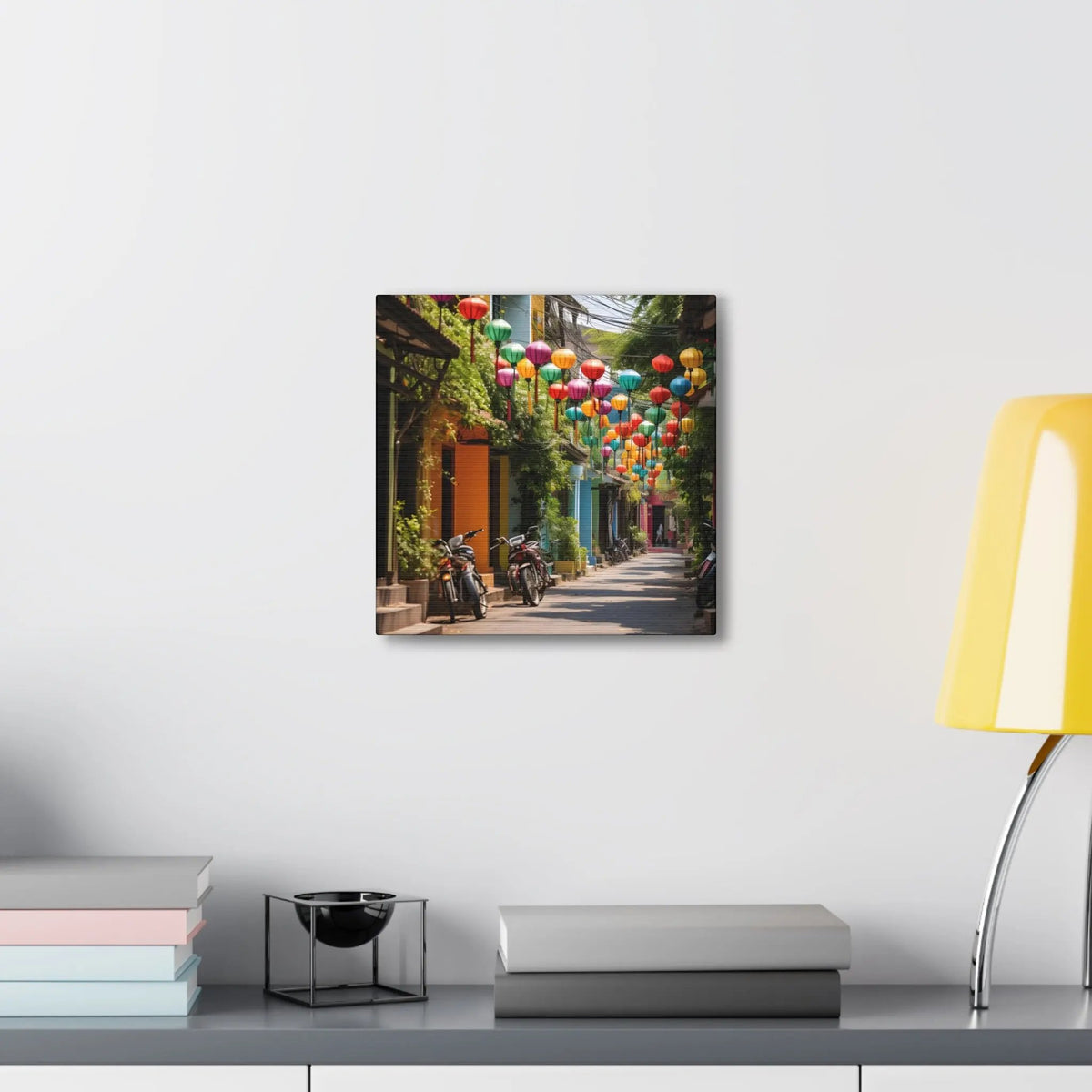 Canvas Gallery Wraps | a white wall with a picture of a street with colorful lanterns hanging from it