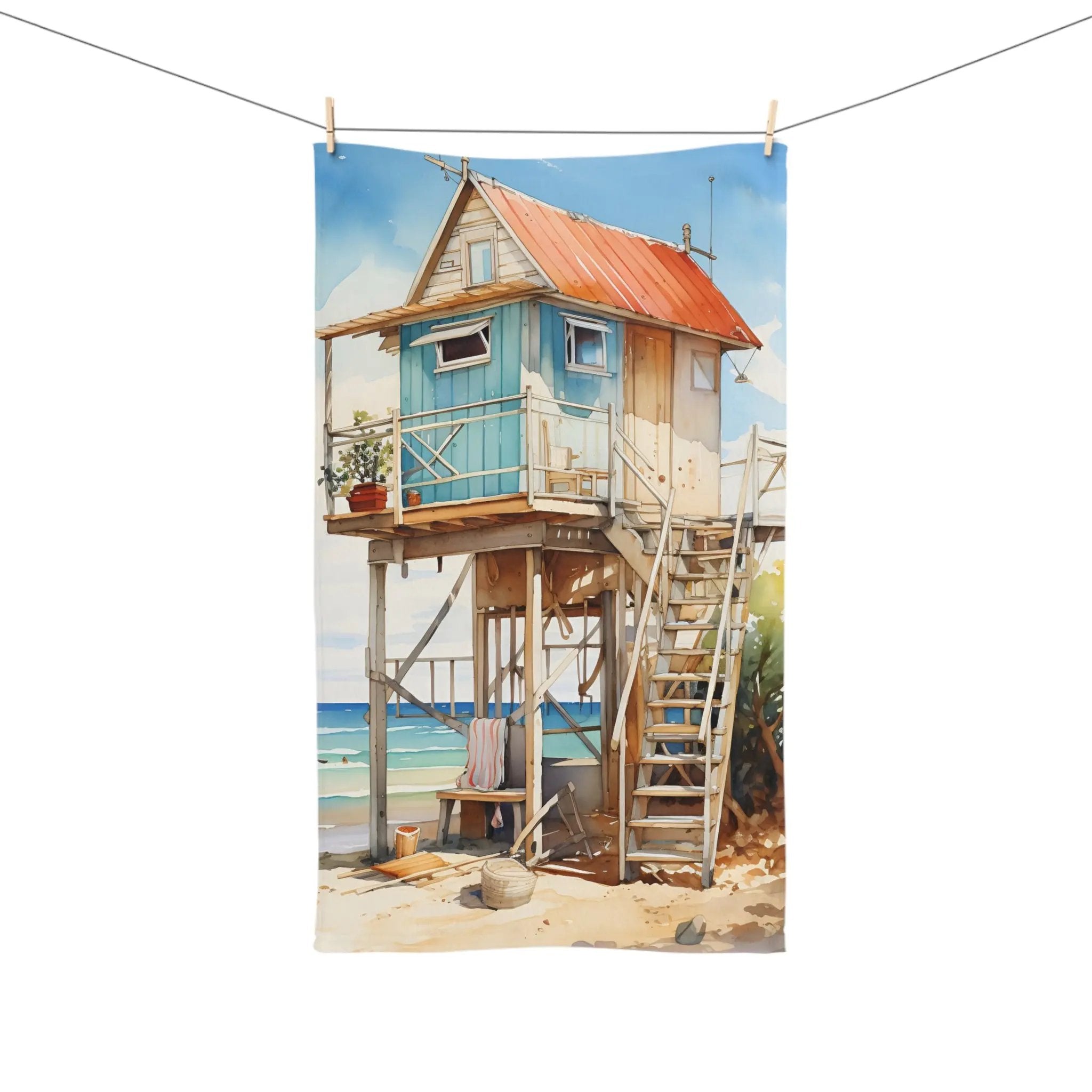 Hand Towel | a painting of a lifeguard tower on a beach