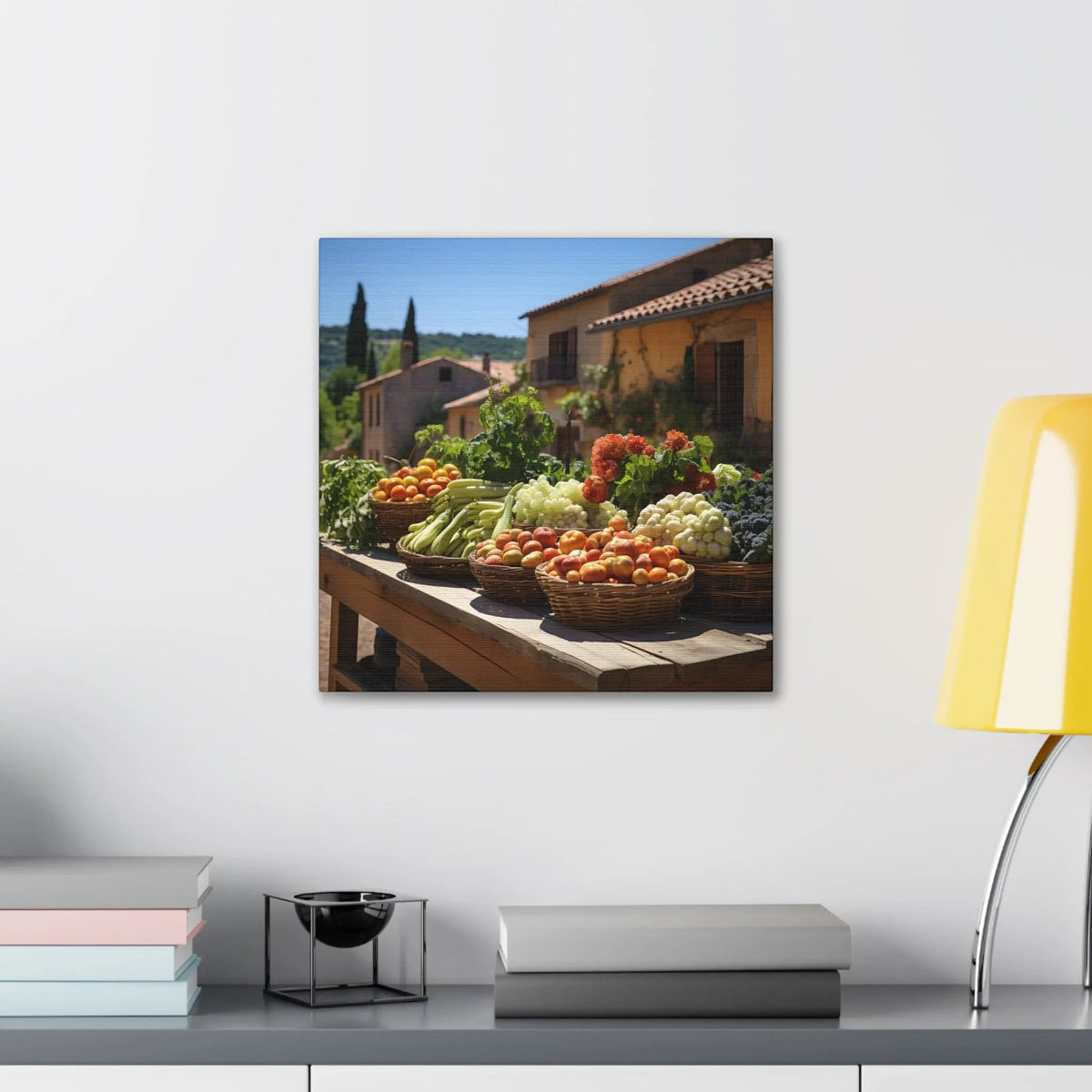 Canvas Gallery Wraps | a table topped with lots of vegetables next to a lamp