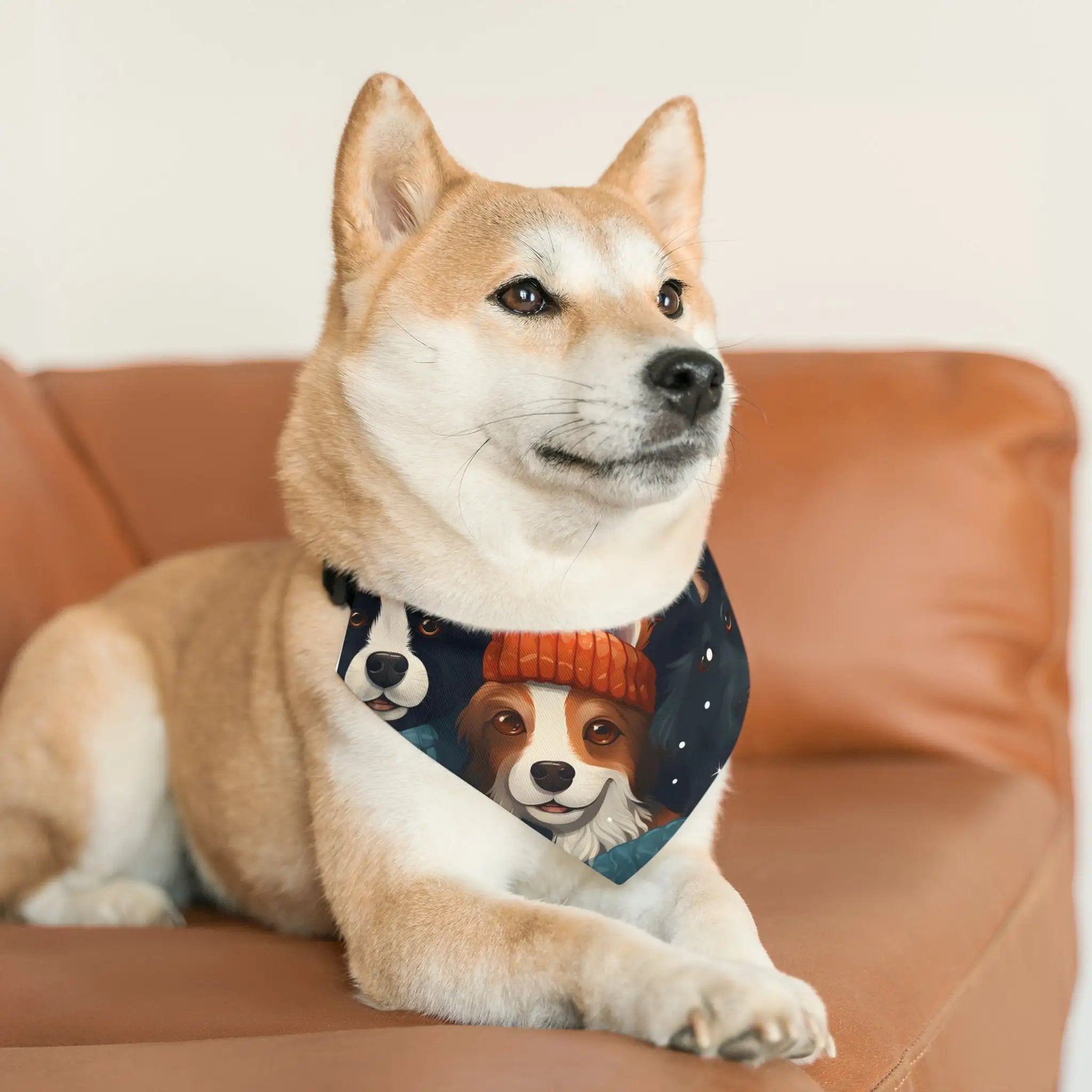 Pet Bandana | a dog sitting on a couch wearing a bandana