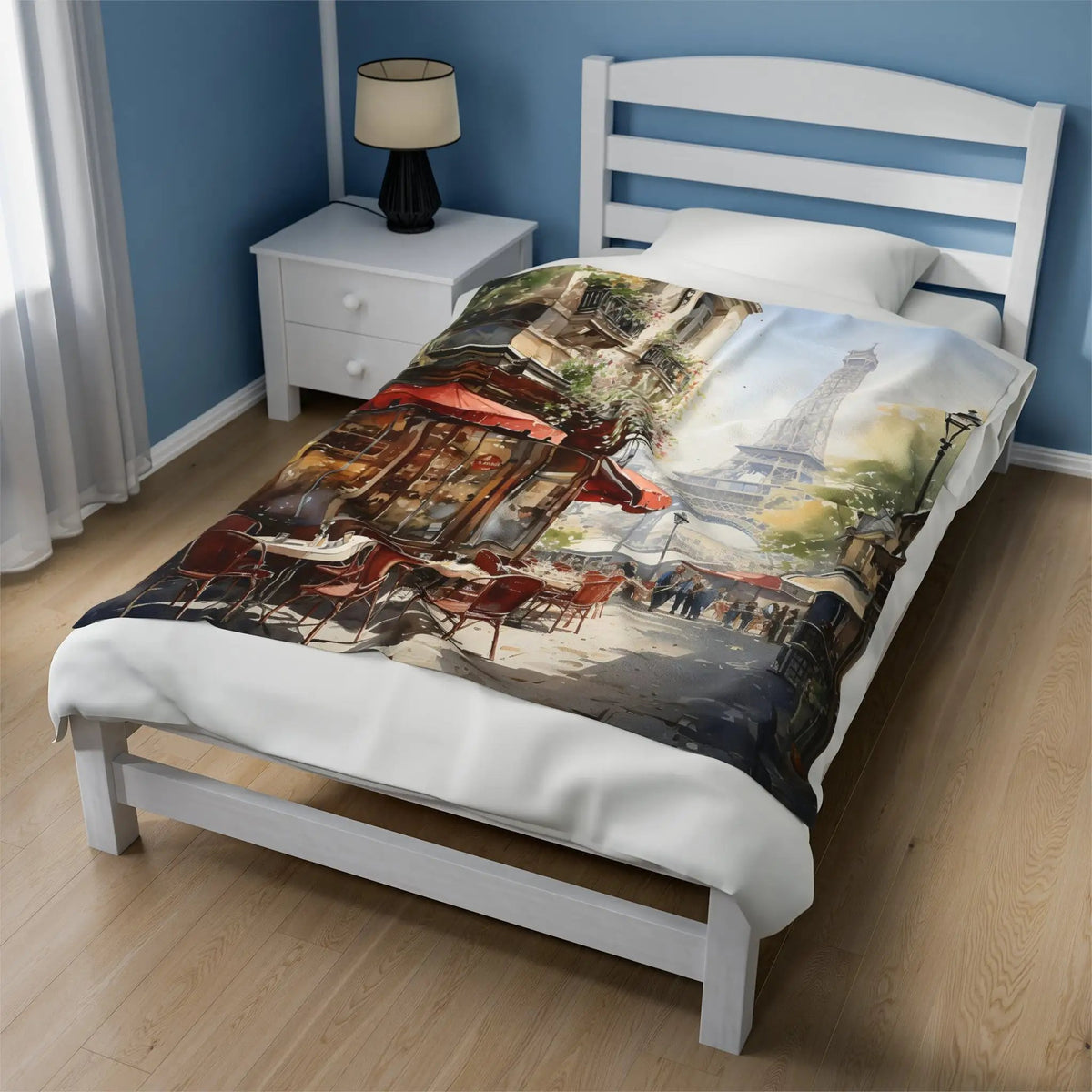 bedroom Blanket | a bed with a picture of a city on it