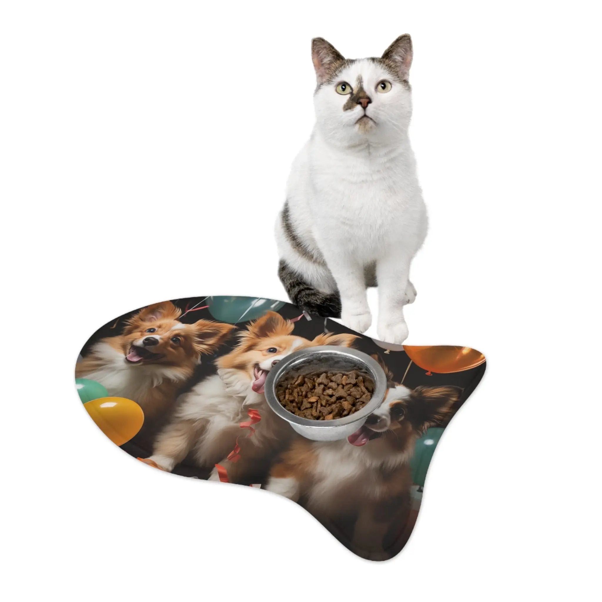 Pet Feeding Mats | a cat sitting on top of a cat food dish