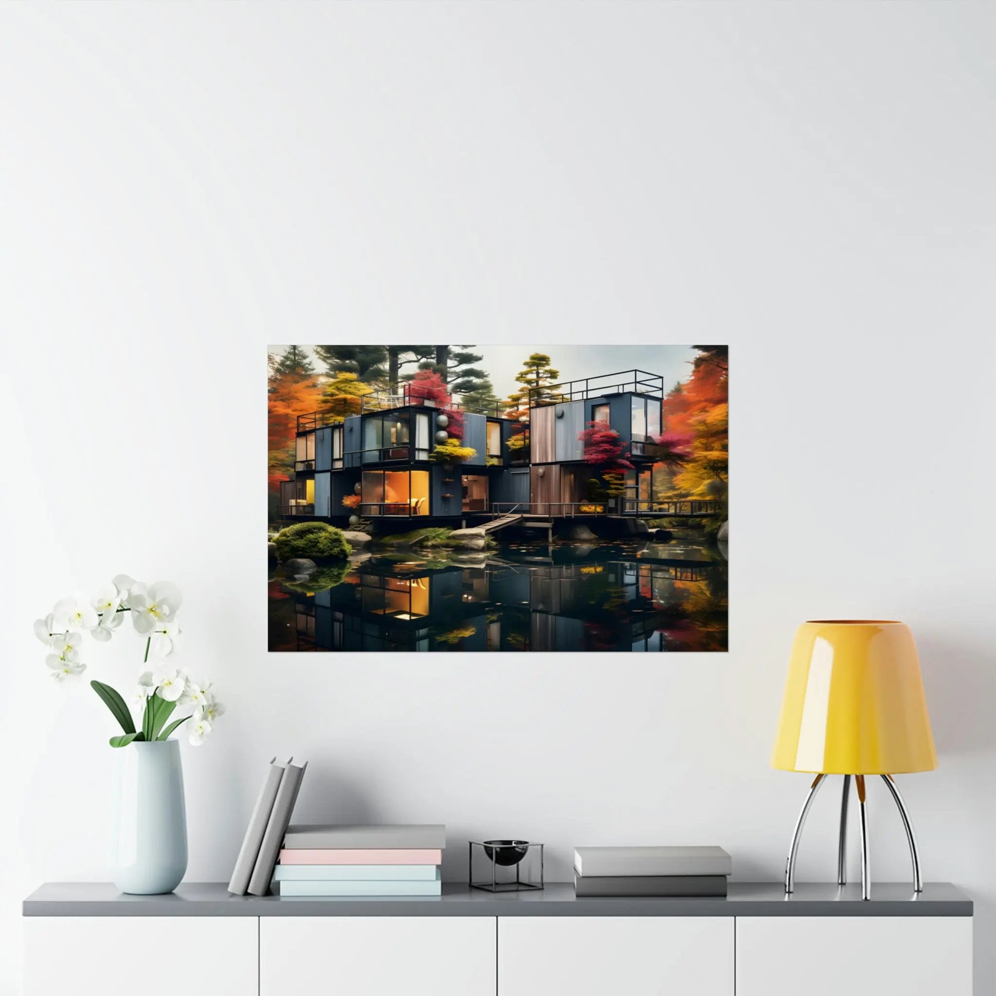 Kawaii Posters | a white wall with a painting of a house on it