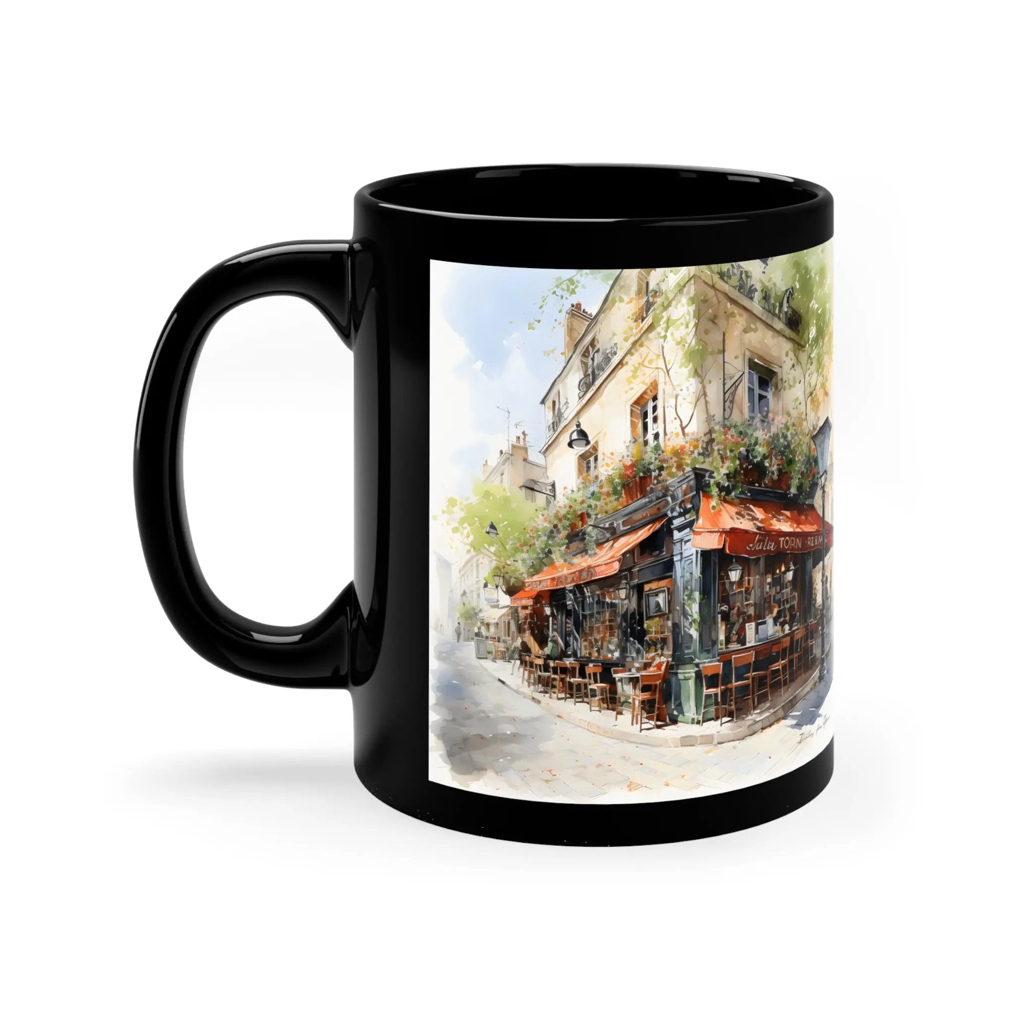 Mugs coffee | a black coffee mug with a painting of a cafe