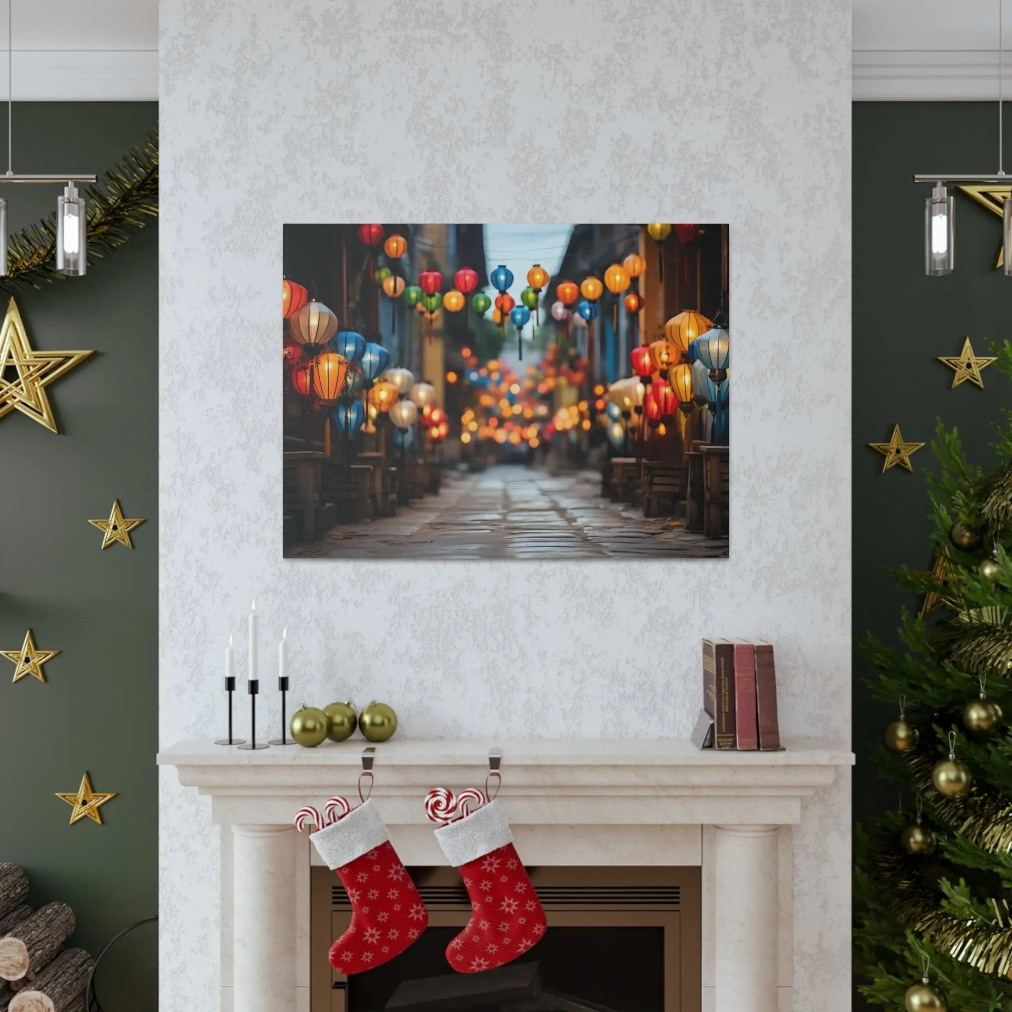 Canvas Gallery Wraps | a living room decorated for Christmas with a fireplace