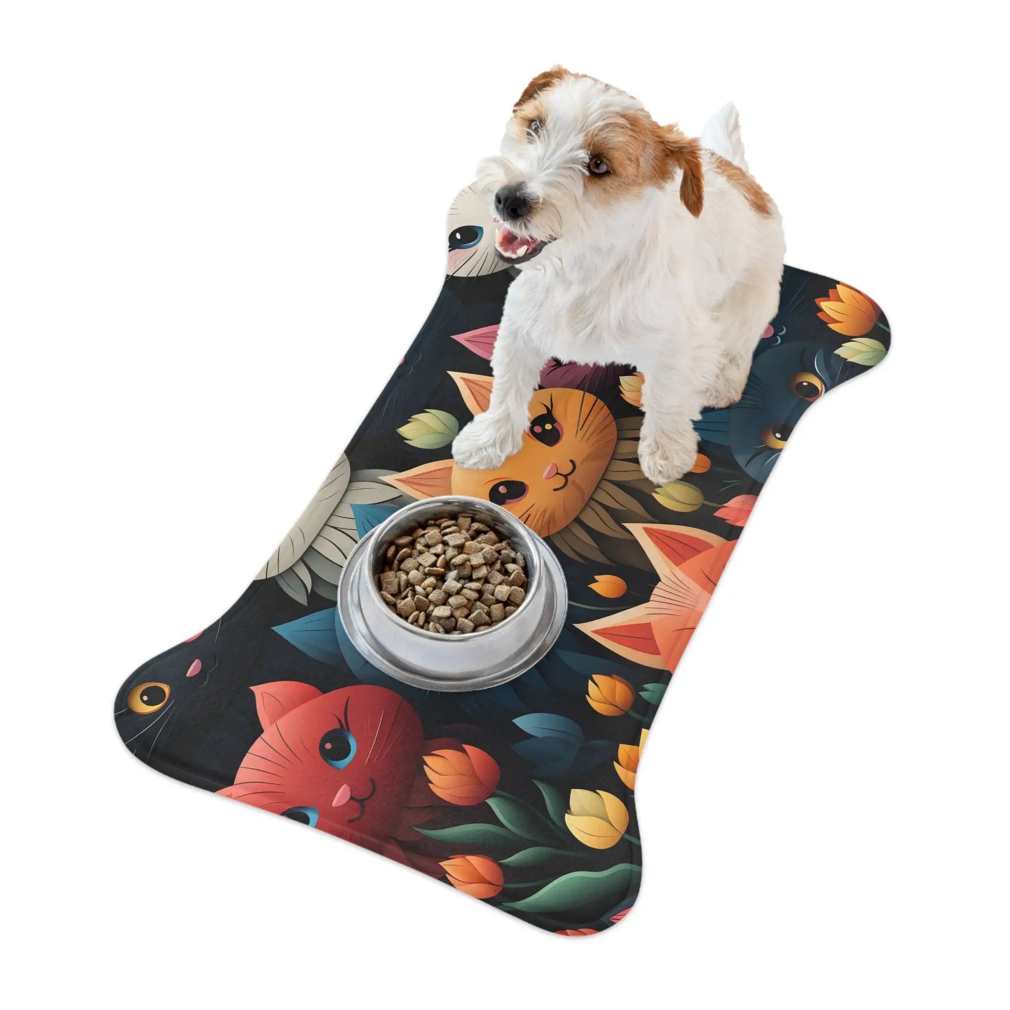 Pet Feeding Mats | a small dog is standing on a mat with a bowl of food