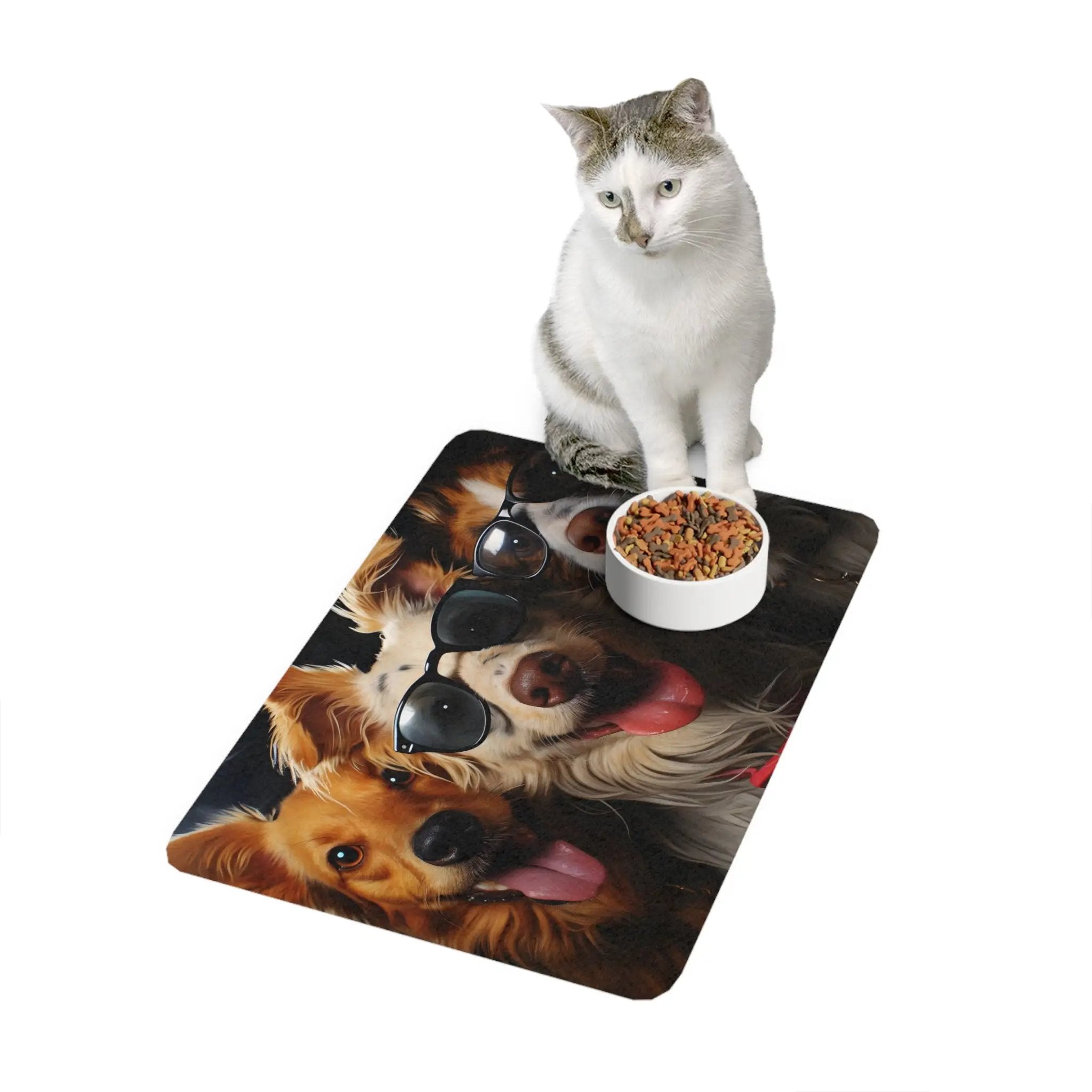 Pet Food Mat | a cat sitting on top of a mat with dogs