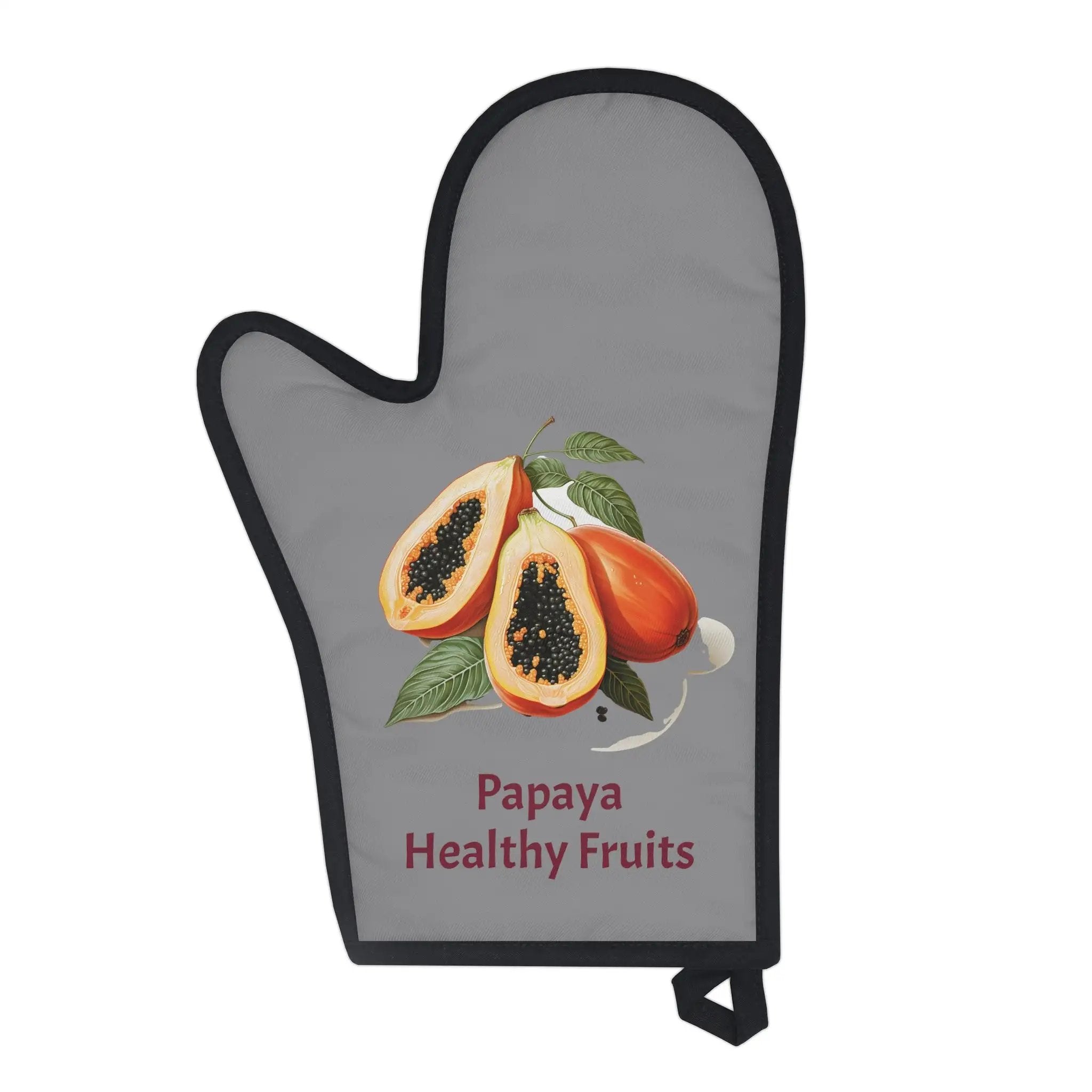 oven mitt | a gray oven mitt with papaya fruit on it