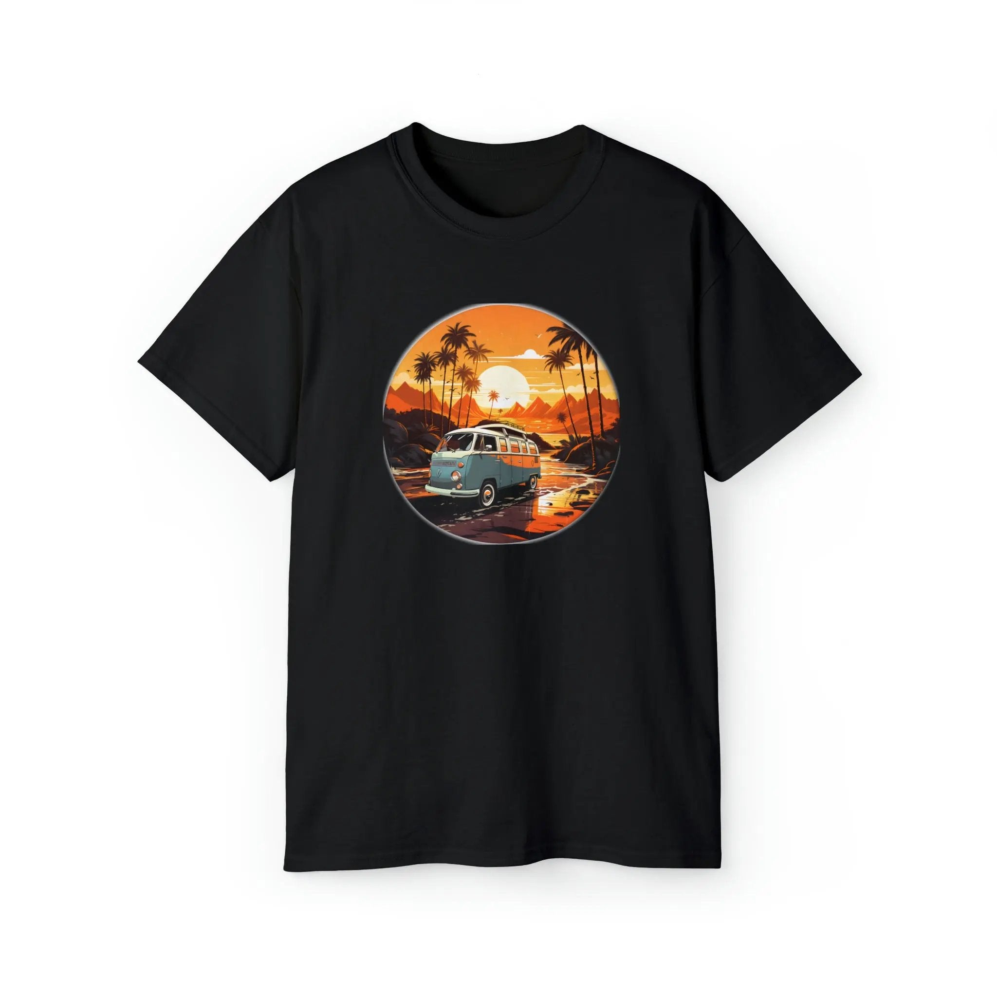 men tee graphic | a black t - shirt with an image of a van bus on the beach