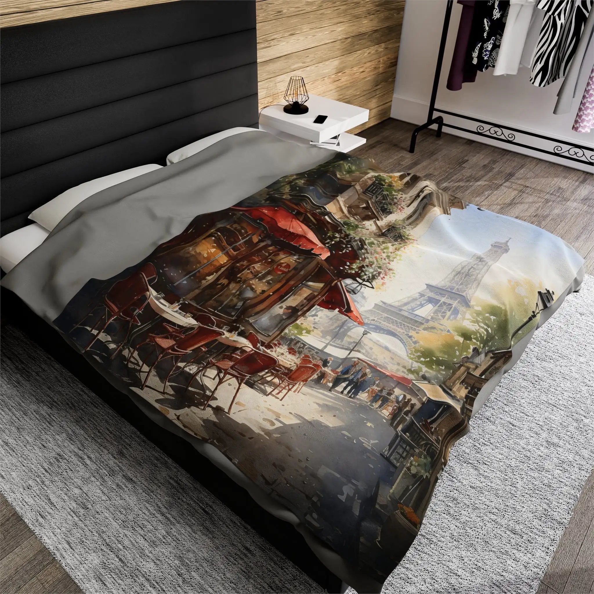 bedroom Blanket | a bed with a picture of a city on it