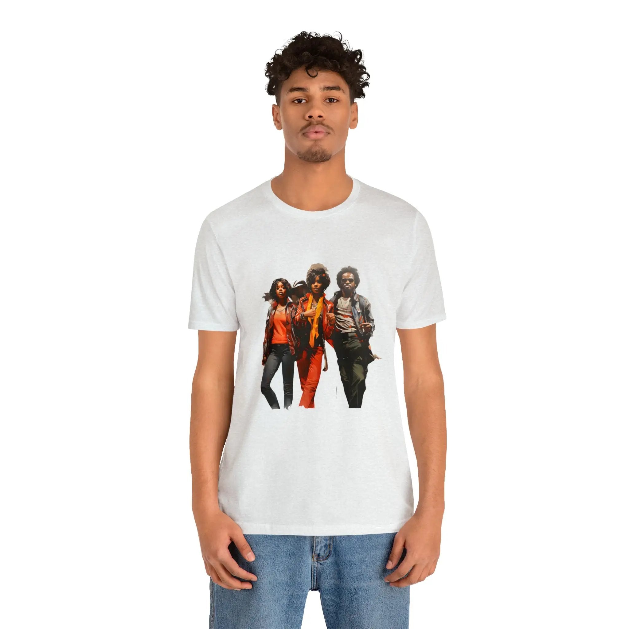 Couple t shirt | a man wearing a white t - shirt with a group of people on it