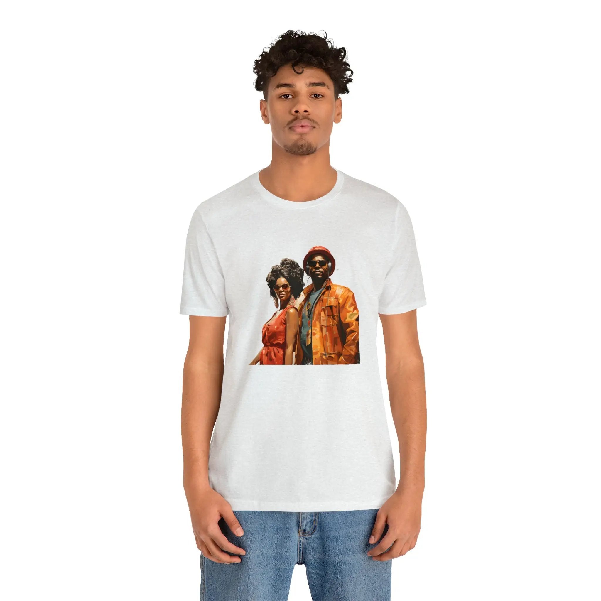 Couple t shirt | a man wearing a white t - shirt with a picture of two people on it