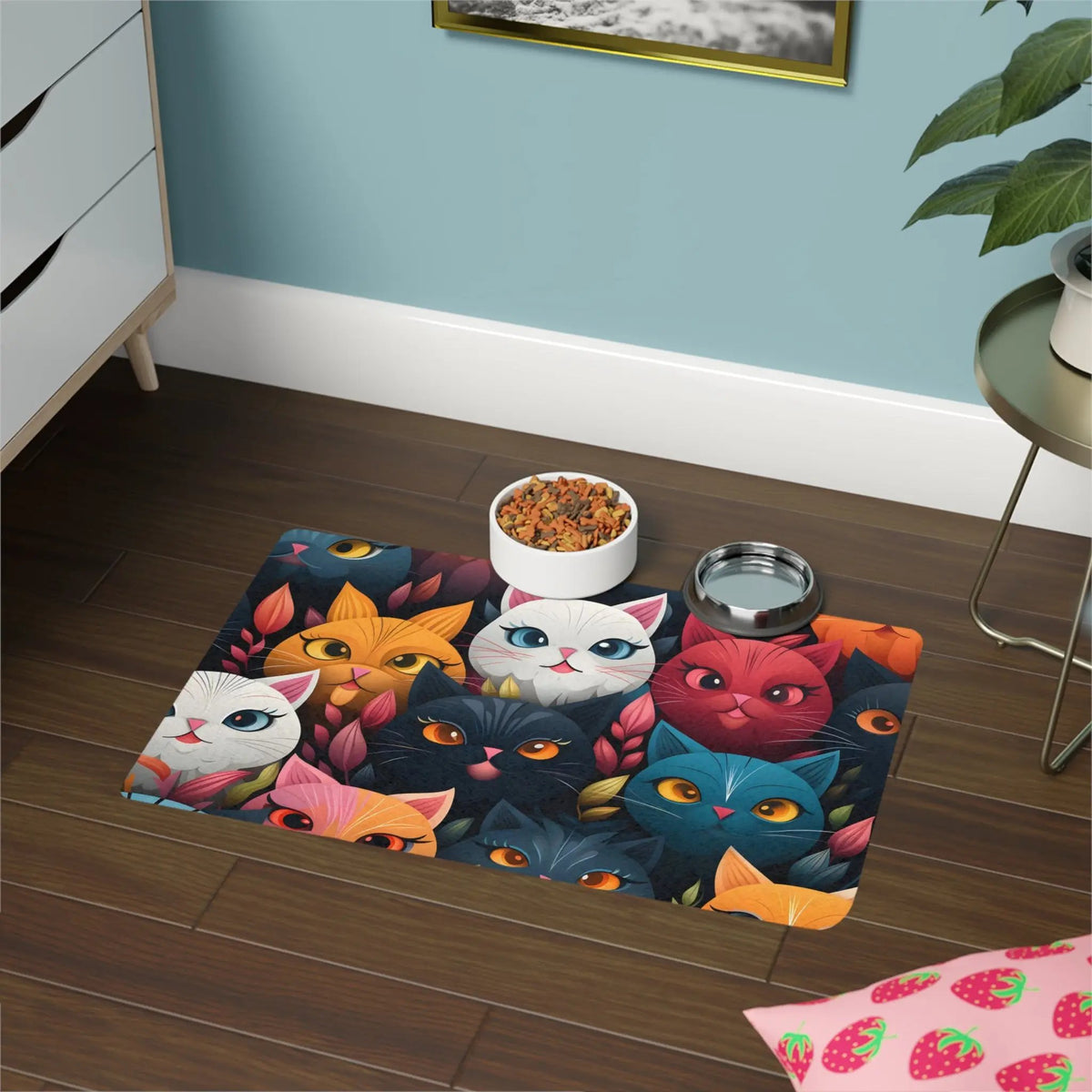 Pet Food Mat | a room with a cat mat and a bowl of food