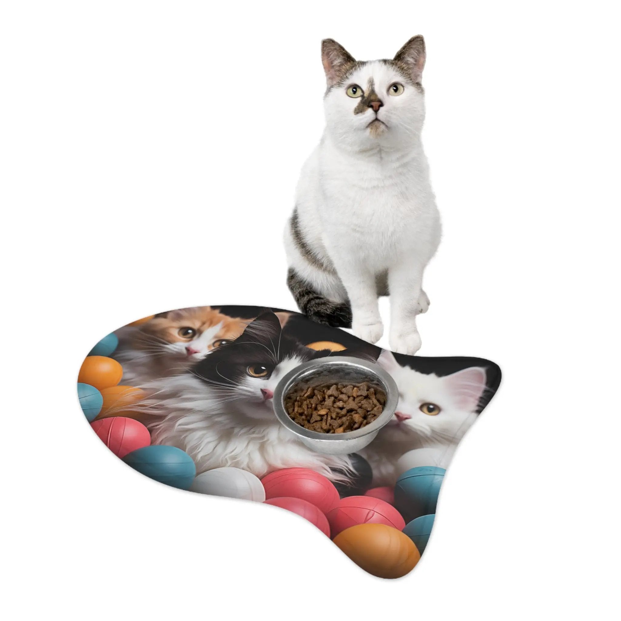 Pet Feeding Mats | a cat sitting on top of a cat food dish