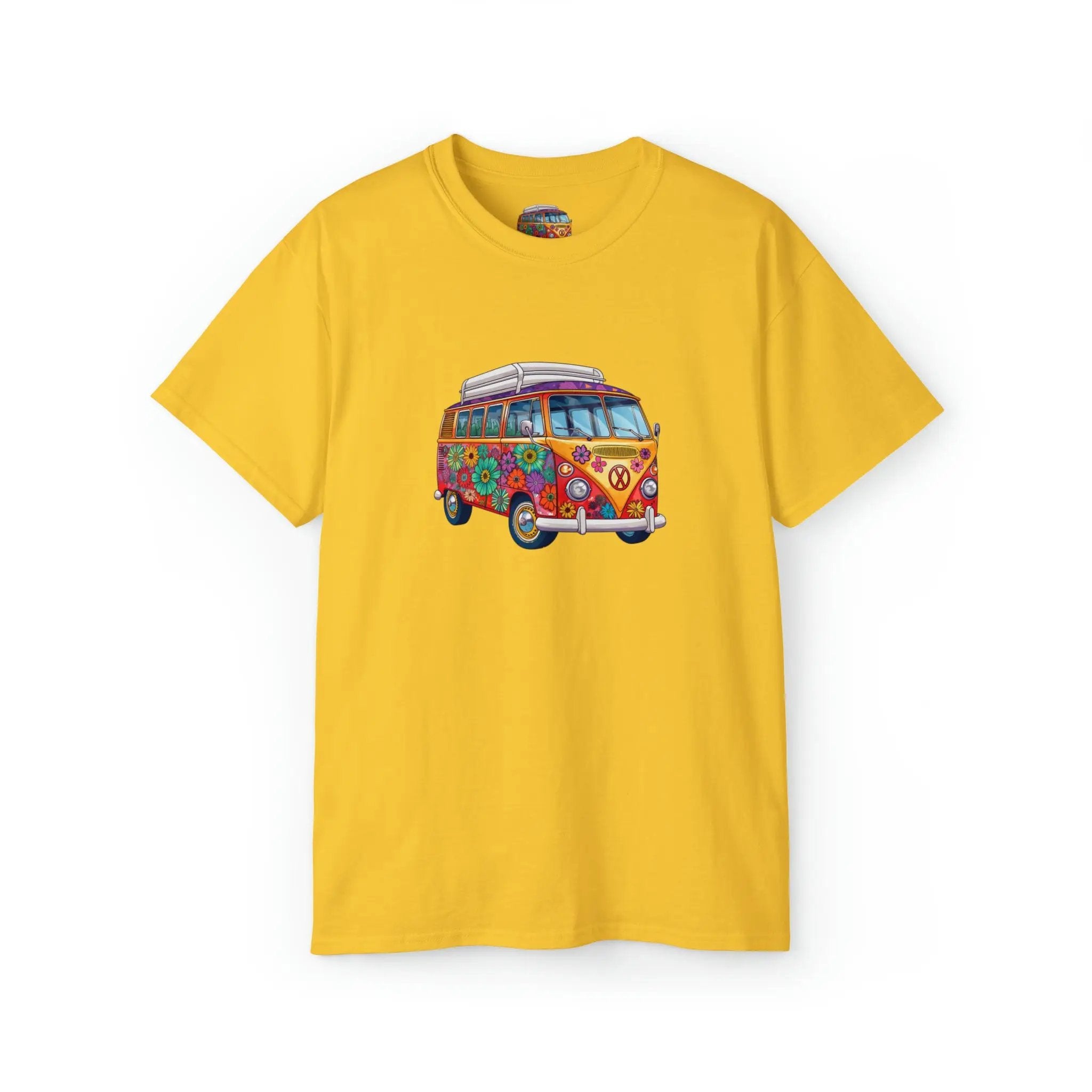 men tee graphic | a yellow t - shirt with an image of a bus