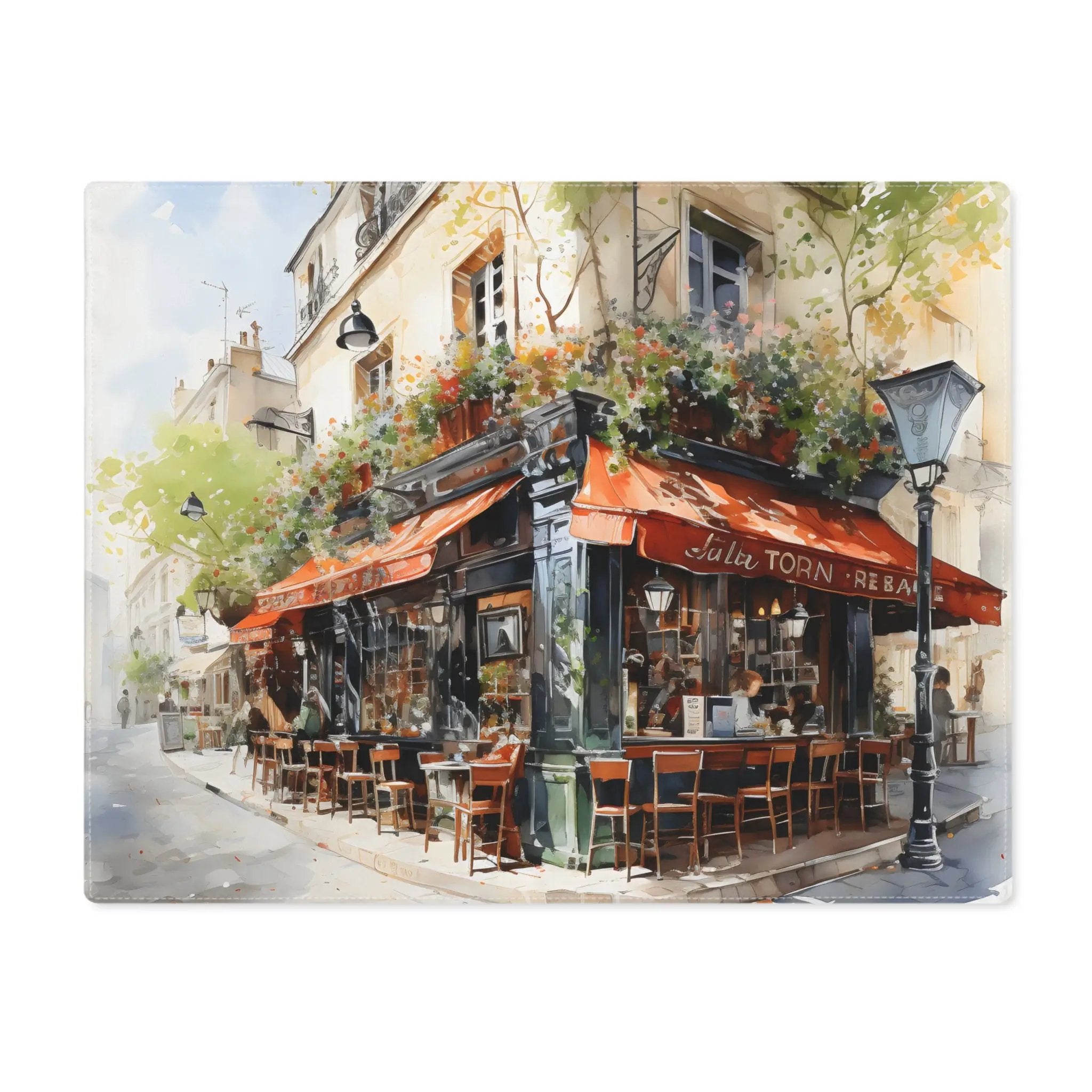 Placemat | a painting of a restaurant on a city street