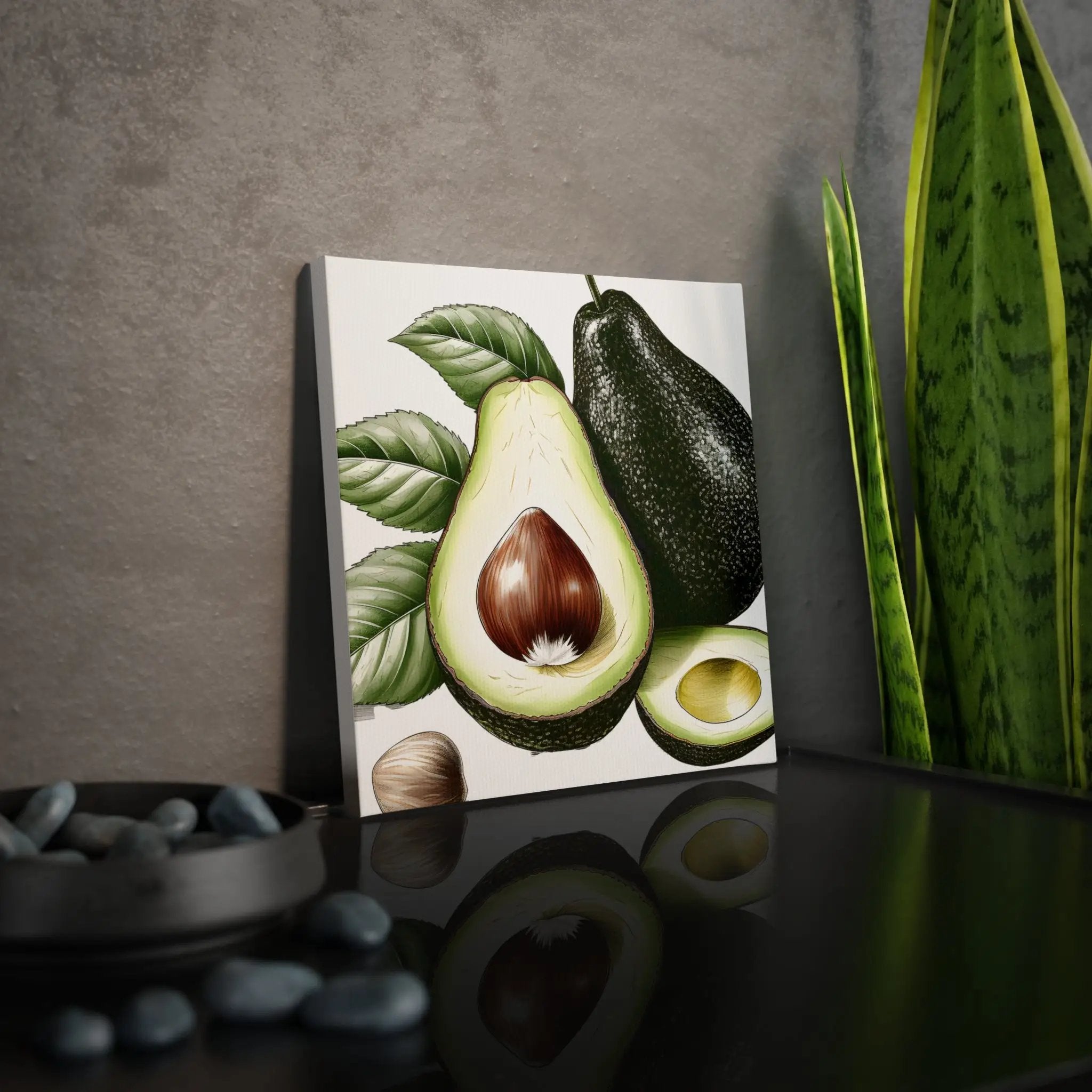 Canvas Gallery Wraps | a painting of an avocado on a table next to a potted plant