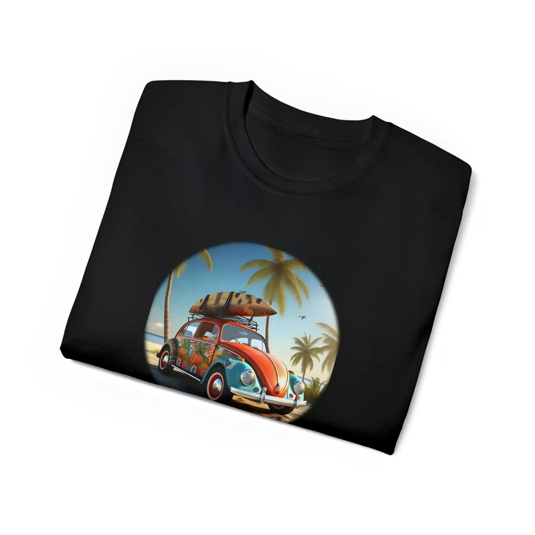 men tee graphic | a black t - shirt with a picture of a car and palm trees