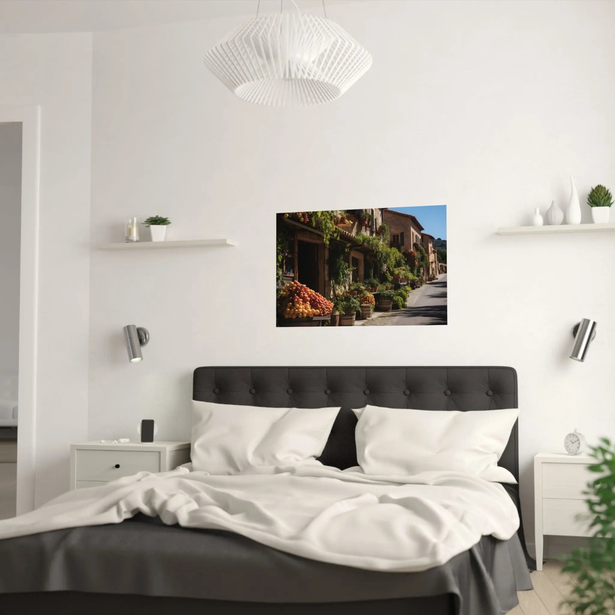 Kawaii Posters | a bedroom with a bed and a picture hanging on the wall