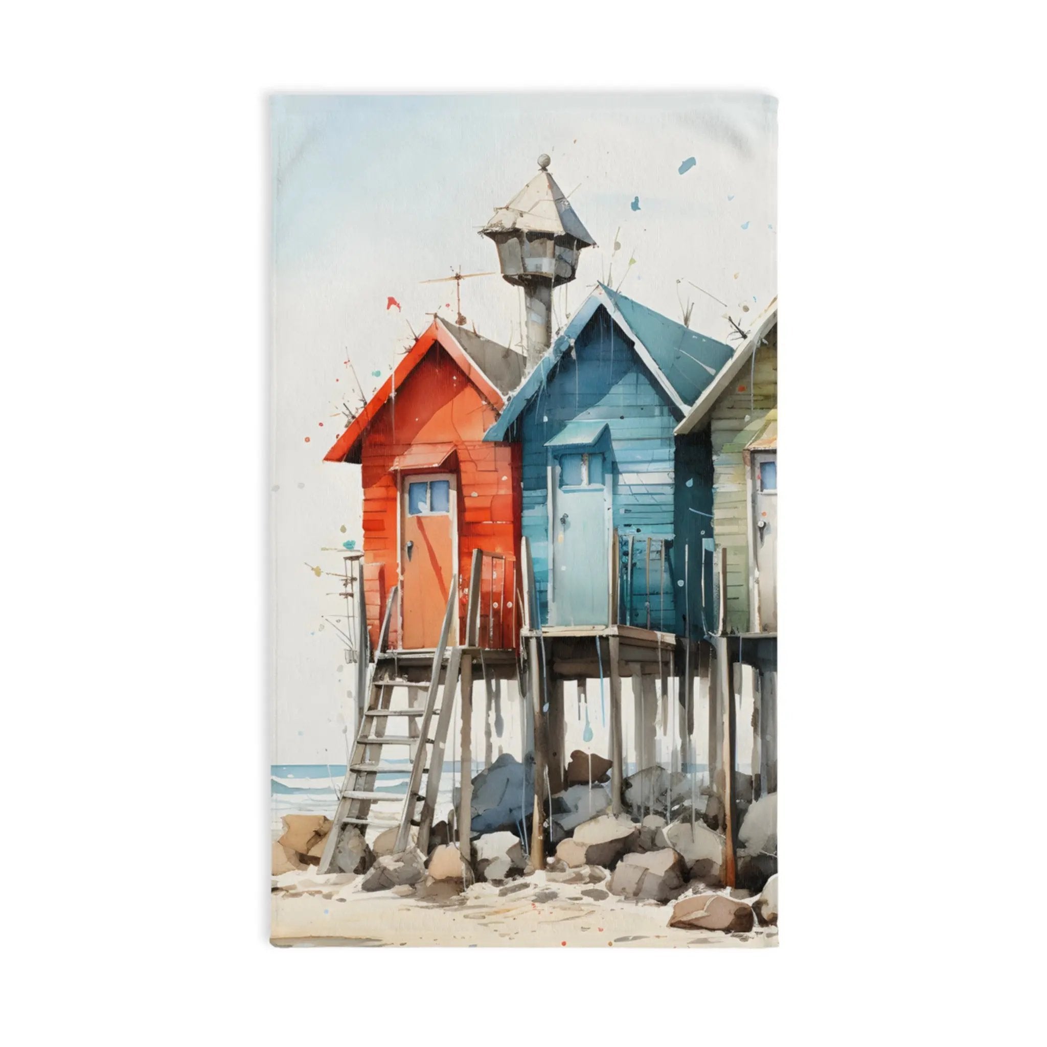 Hand towel | a watercolor painting of a row of beach huts