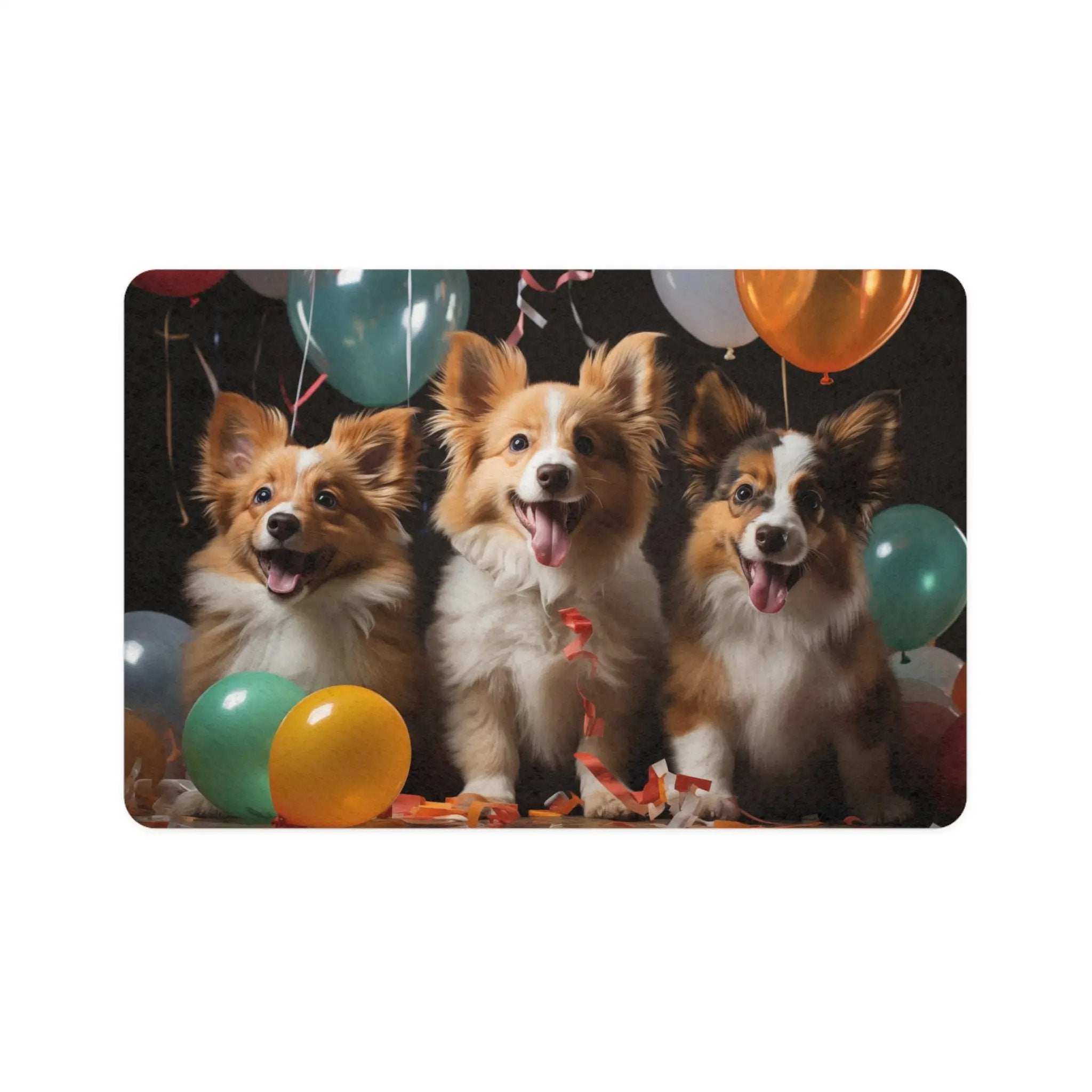 Pet Food Mat | a group of three dogs standing next to each other