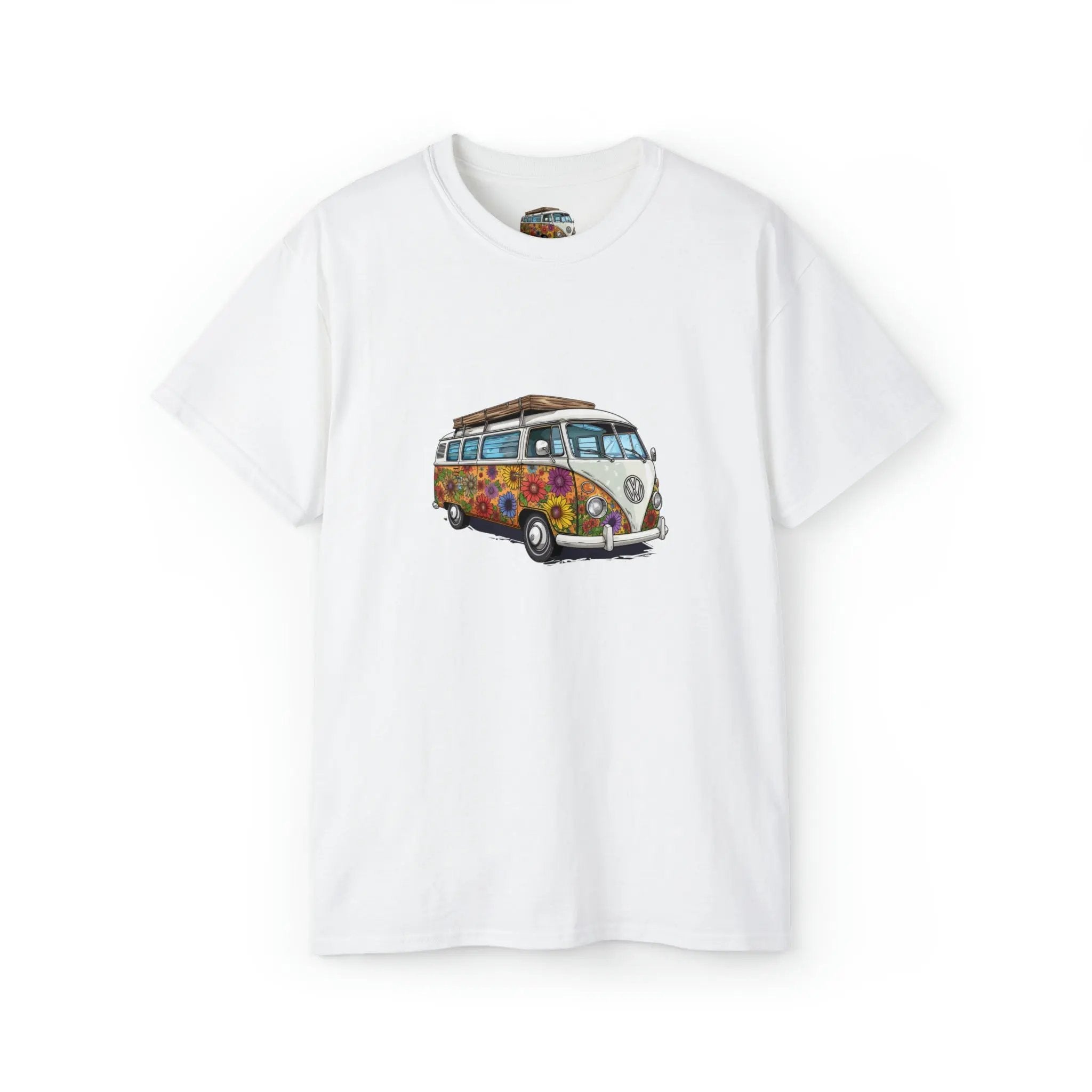 men tee graphic | a white t - shirt with an image of a van bus