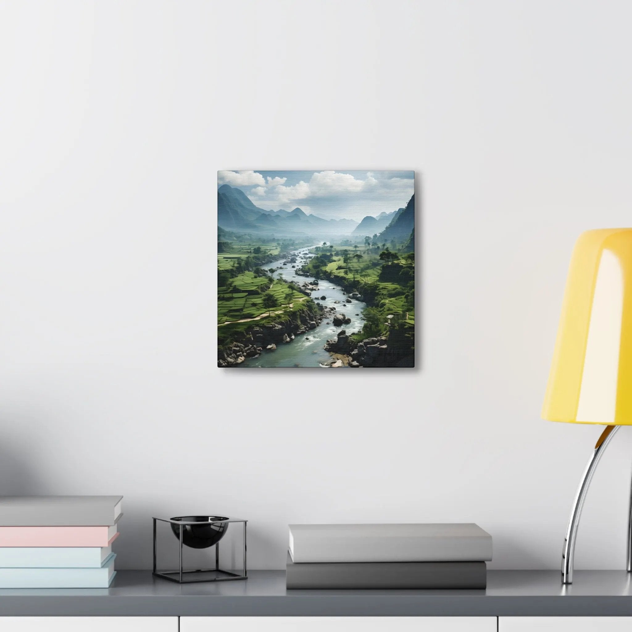 Canvas Gallery Wraps | a room with a desk, lamp and a painting on the wall