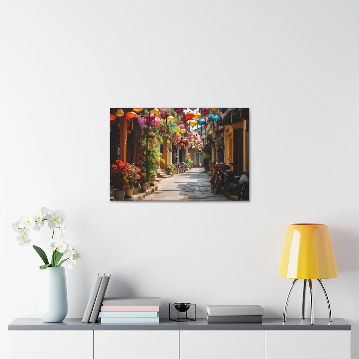 Canvas Gallery Wraps | a picture of a street with flowers and umbrellas