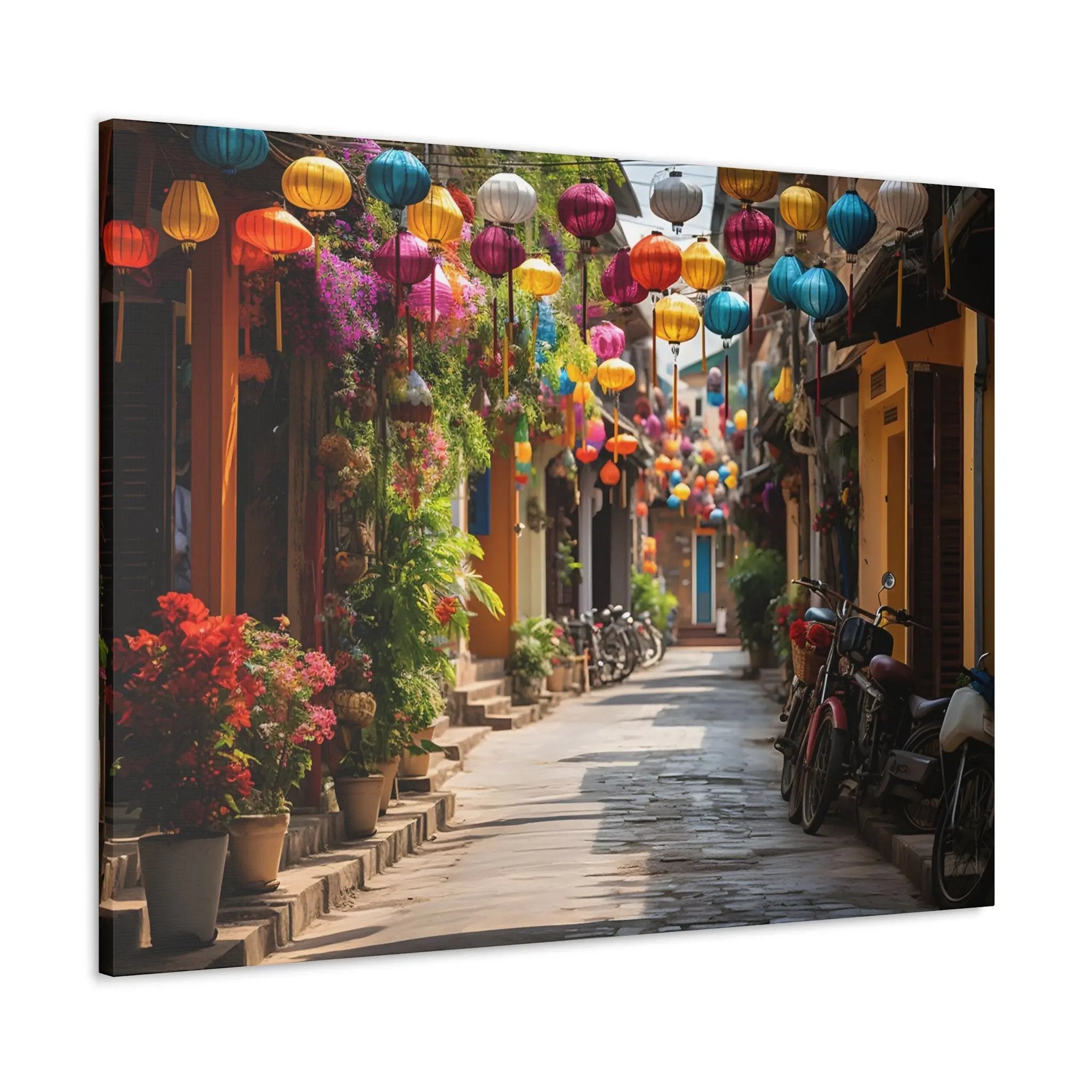 Canvas Gallery Wraps | a street with many colorful lanterns hanging from the ceiling