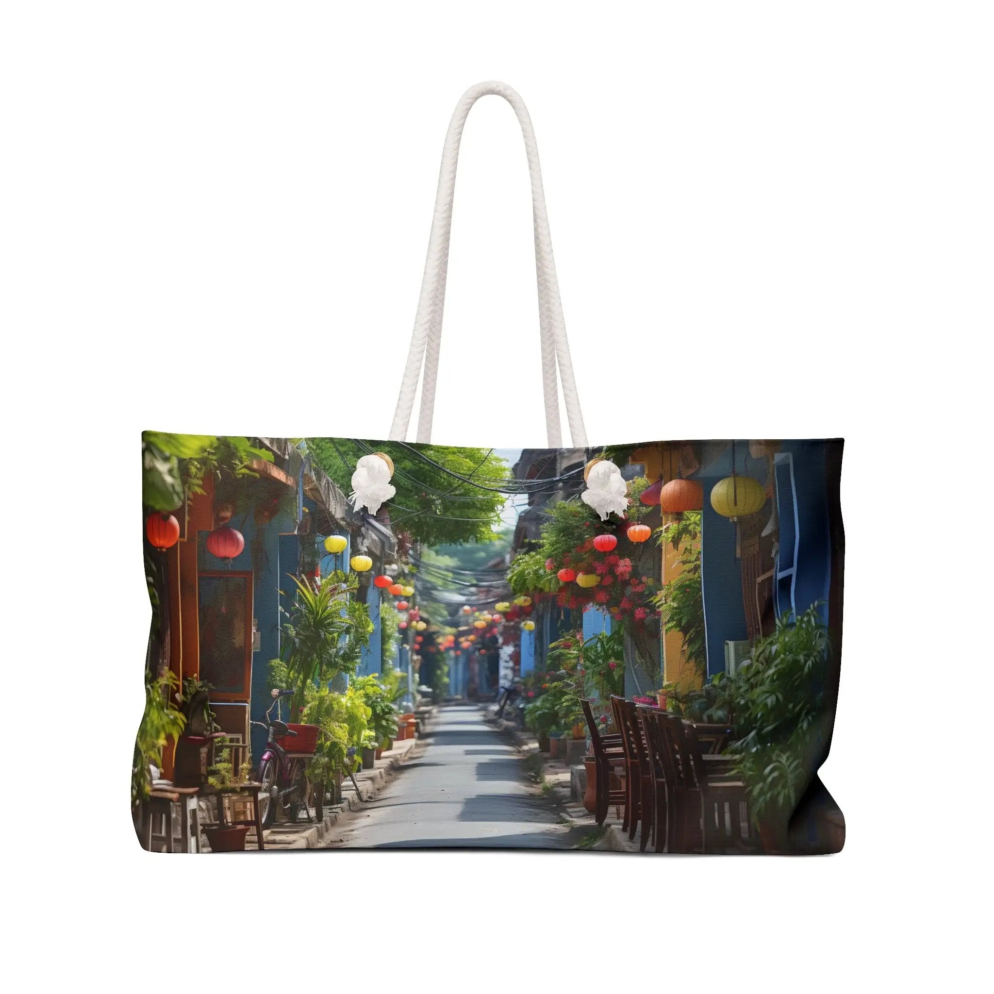 Weekender Tote Bag | a shopping bag with a picture of a street scene