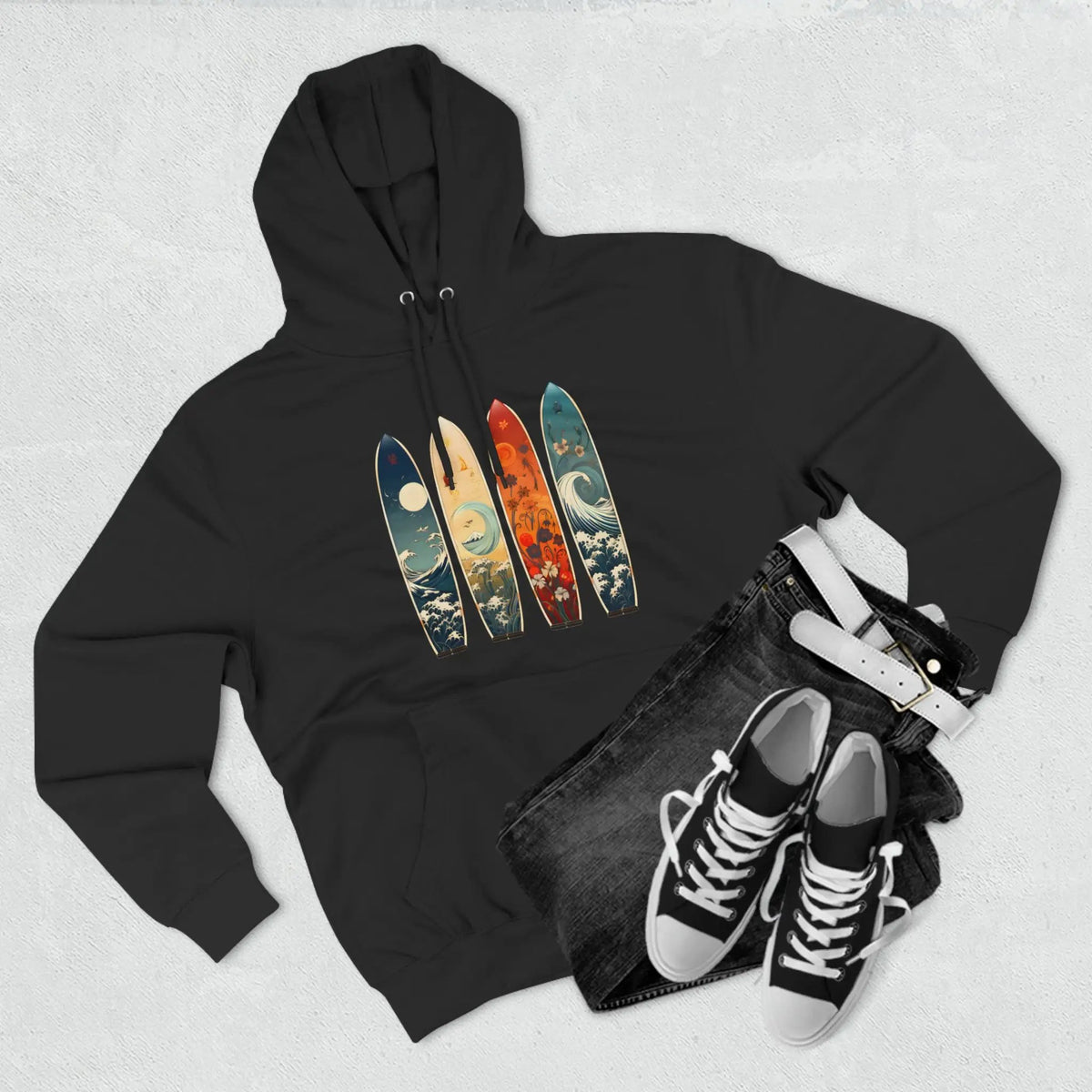 pullover hoodie | a black hoodie with three surfboards on it