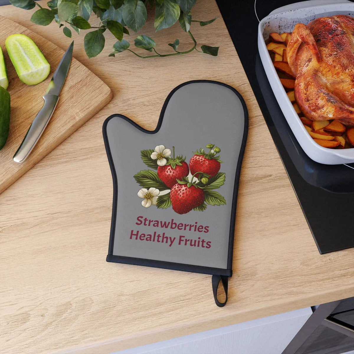 oven mitt | a wooden table topped with a cutting board and a tray of food