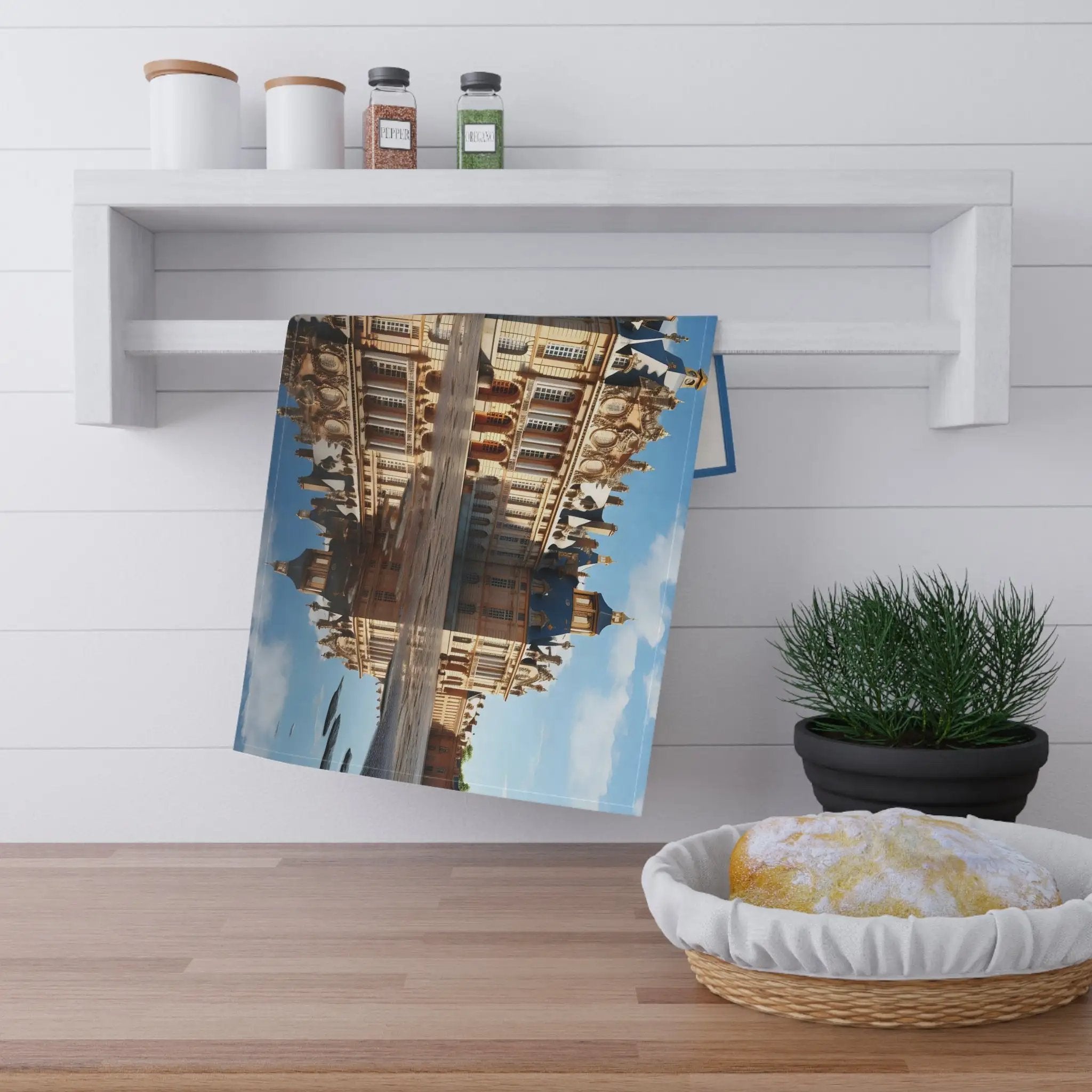 Kitchen Towel | a picture of a building hanging on a wall