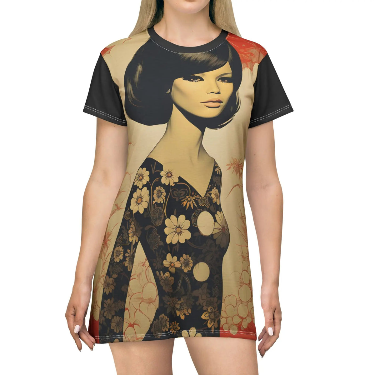 woman shirt dress | a women's t - shirt with a picture of a woman with flowers on