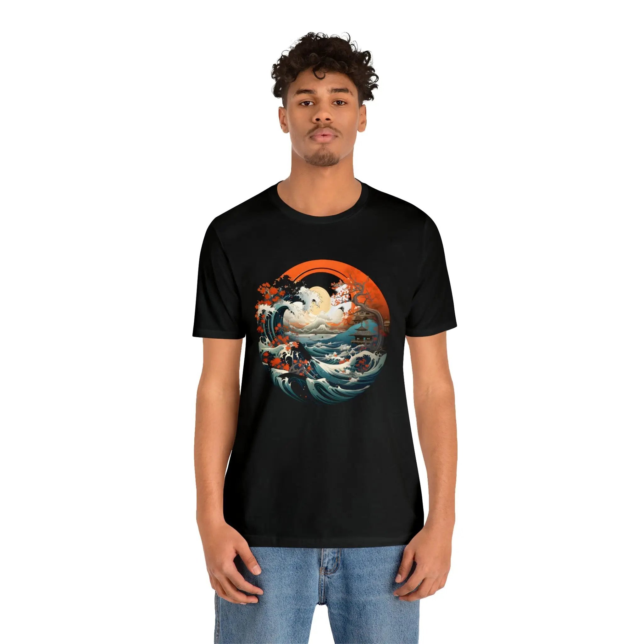 Couple t shirt | a man wearing a black t - shirt with a painting of a sunset and a