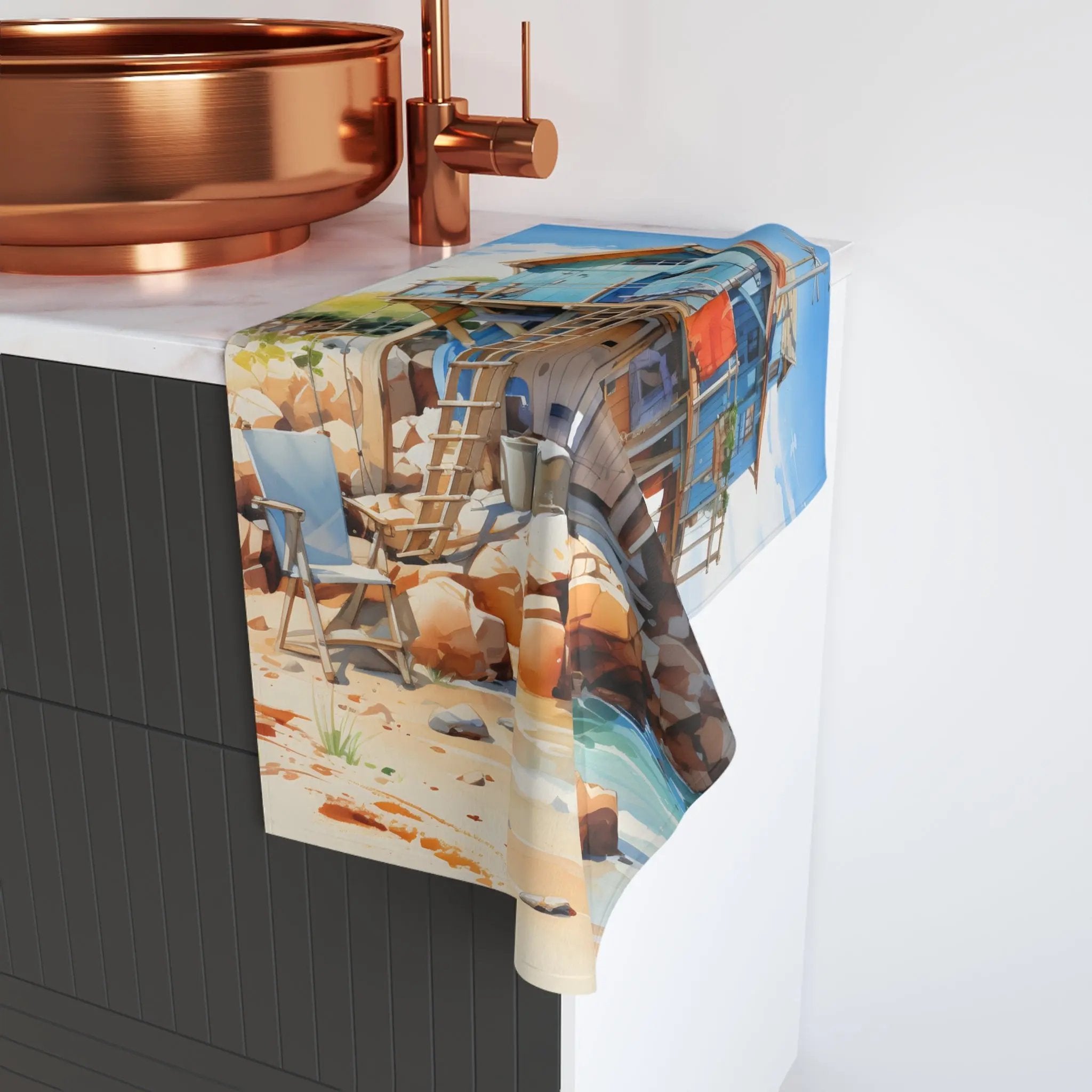 Hand towel | a kitchen counter with a sink and a painting on it