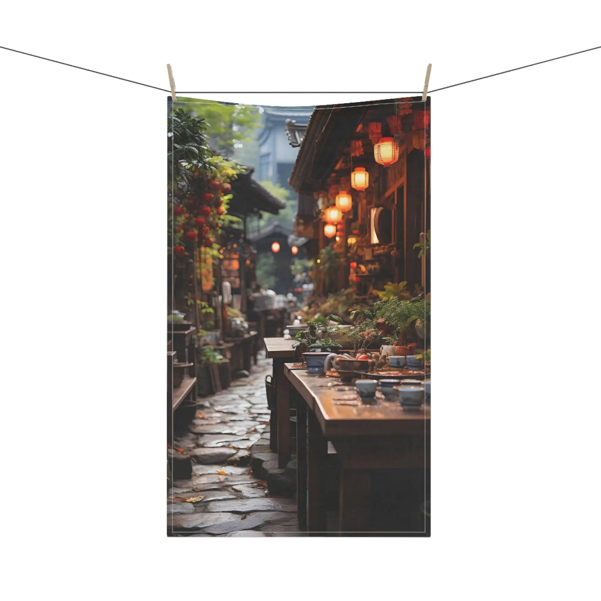 Kitchen Towel | a picture of a narrow street with lanterns hanging over it