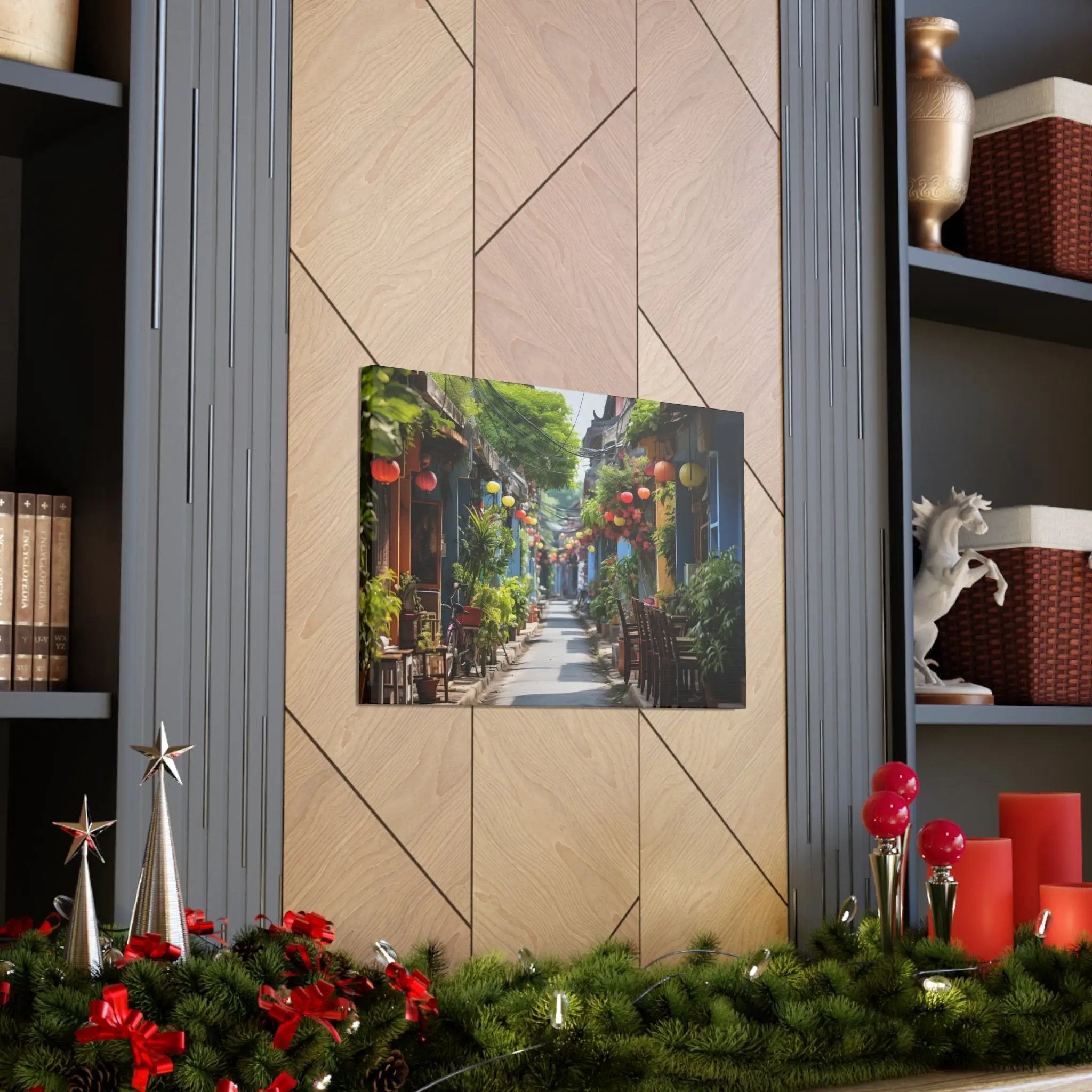 Canvas Gallery Wraps | a picture of a street with Christmas decorations