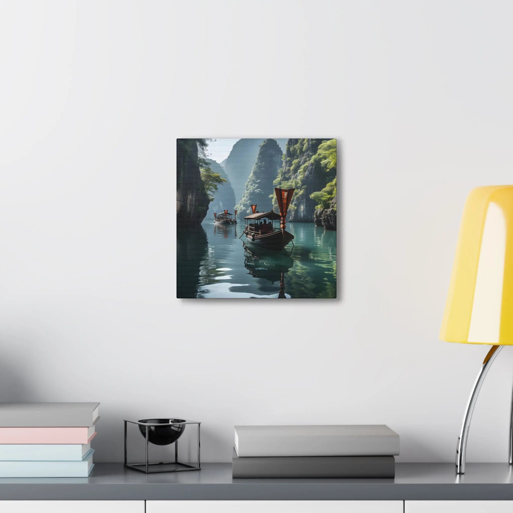 Canvas Gallery Wraps | a table with a lamp and a painting on it