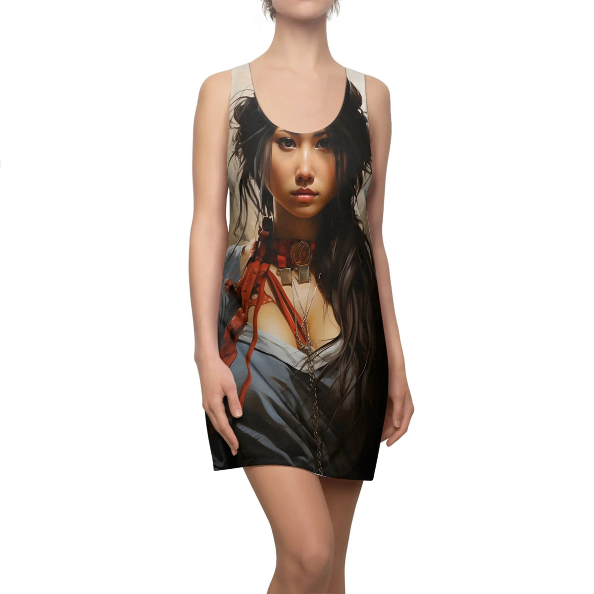 Woman summer dress | a woman wearing a dress with a picture of a woman on it