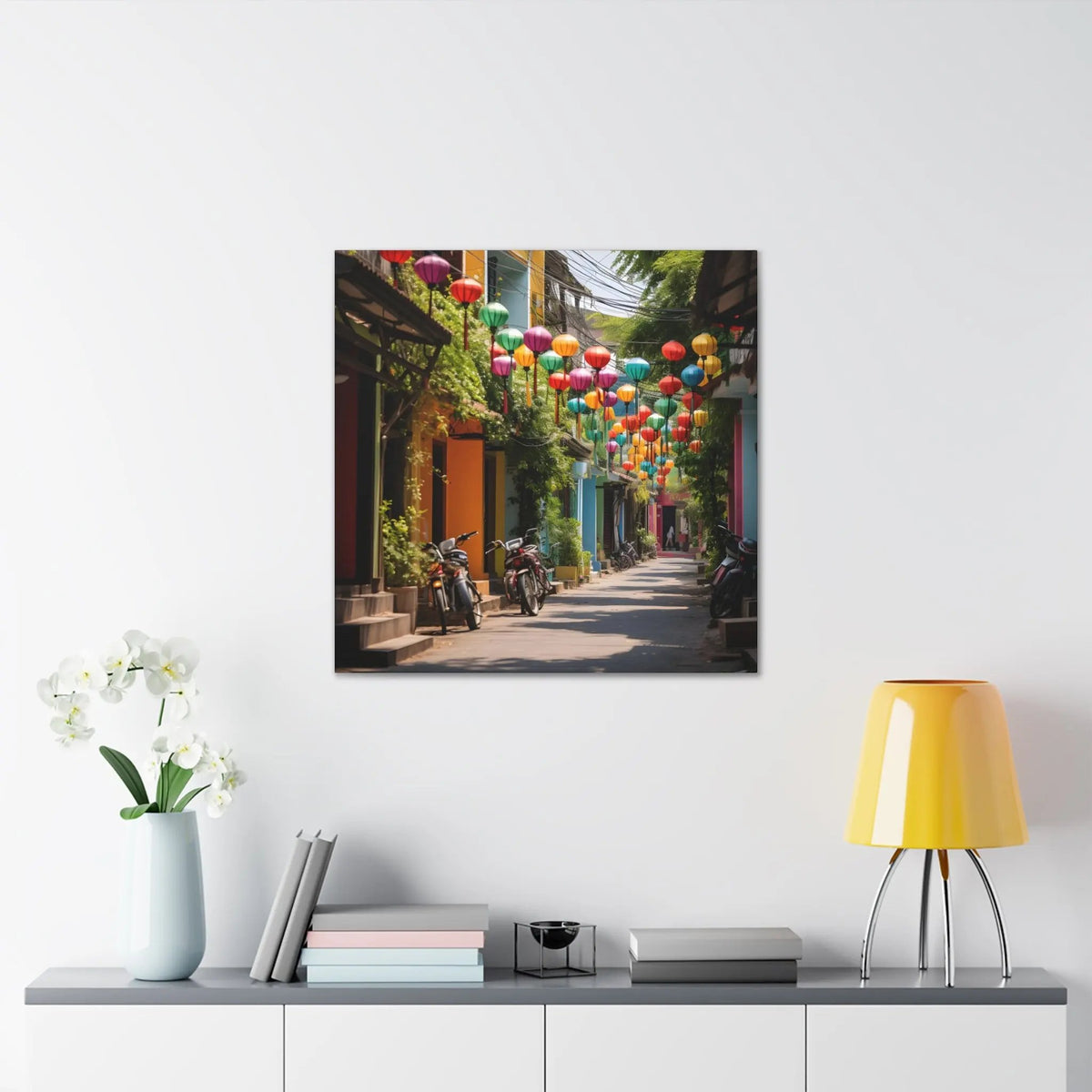 Canvas Gallery Wraps | a painting of a street scene with colorful lanterns