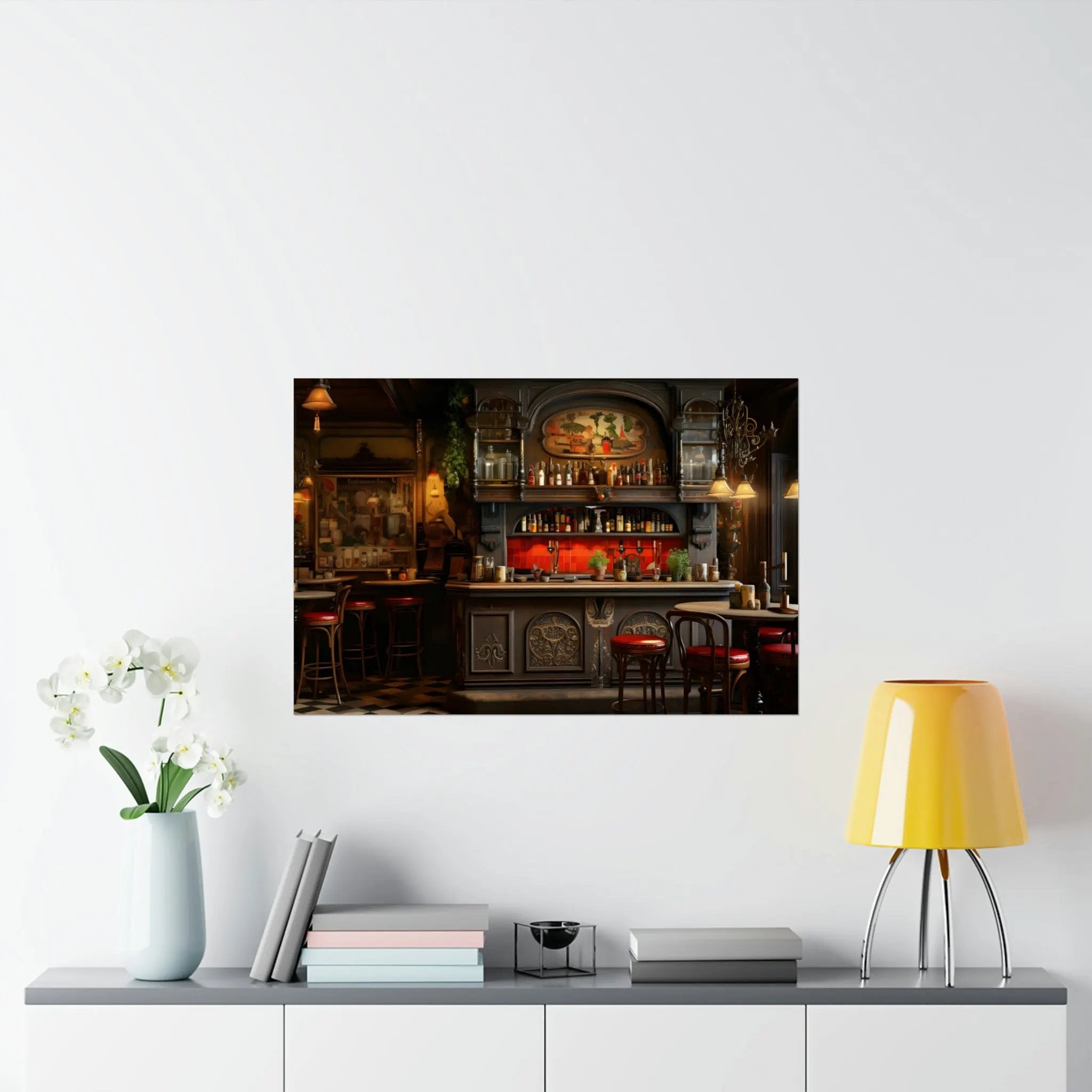 Kawaii Posters | a painting of a bar with a red couch