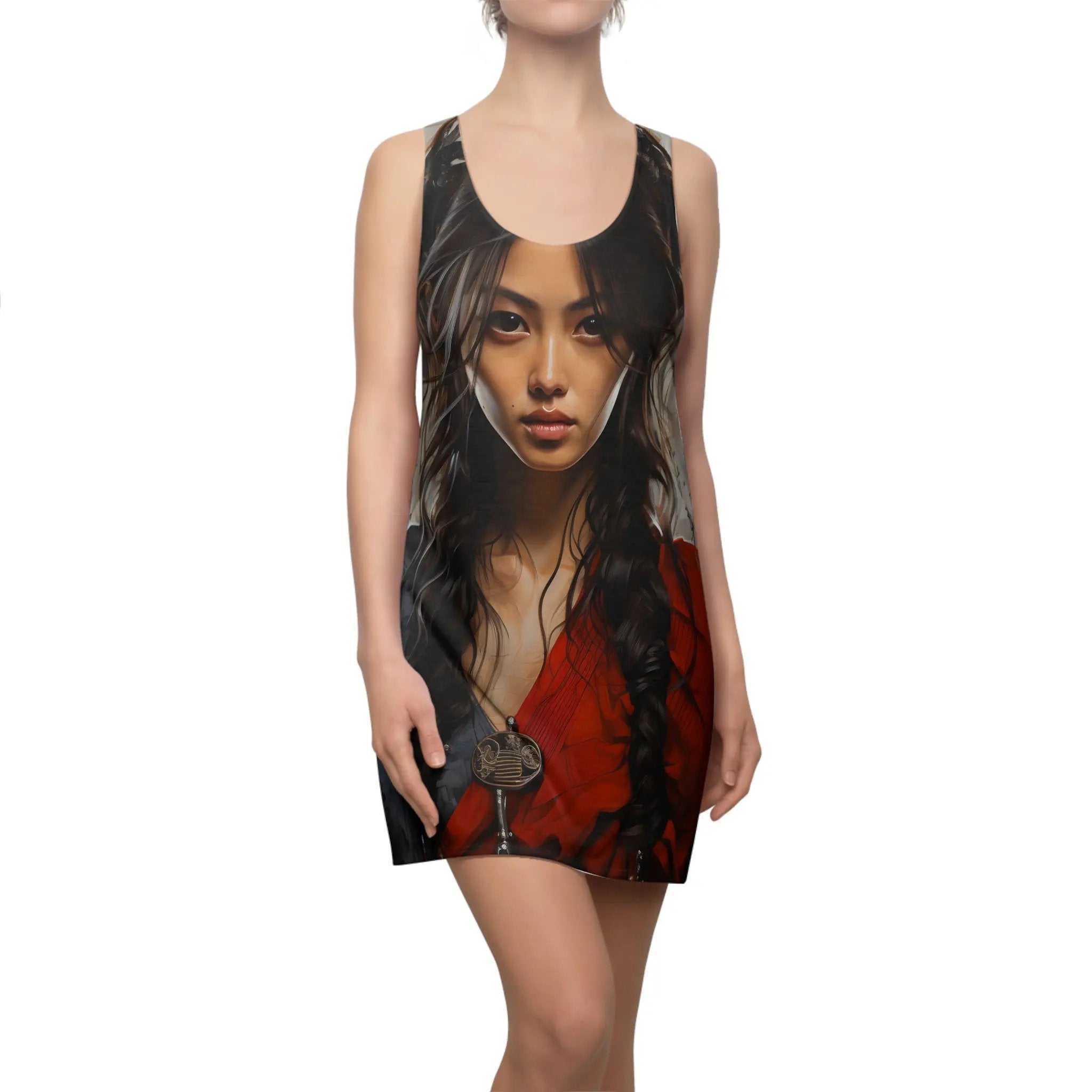 Woman summer dress | a woman wearing a dress with a picture of a woman on it