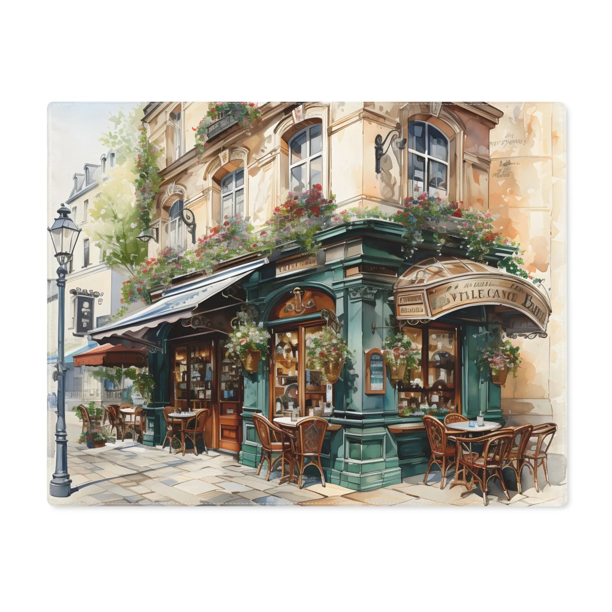 Placemat | a painting of a restaurant with tables and chairs