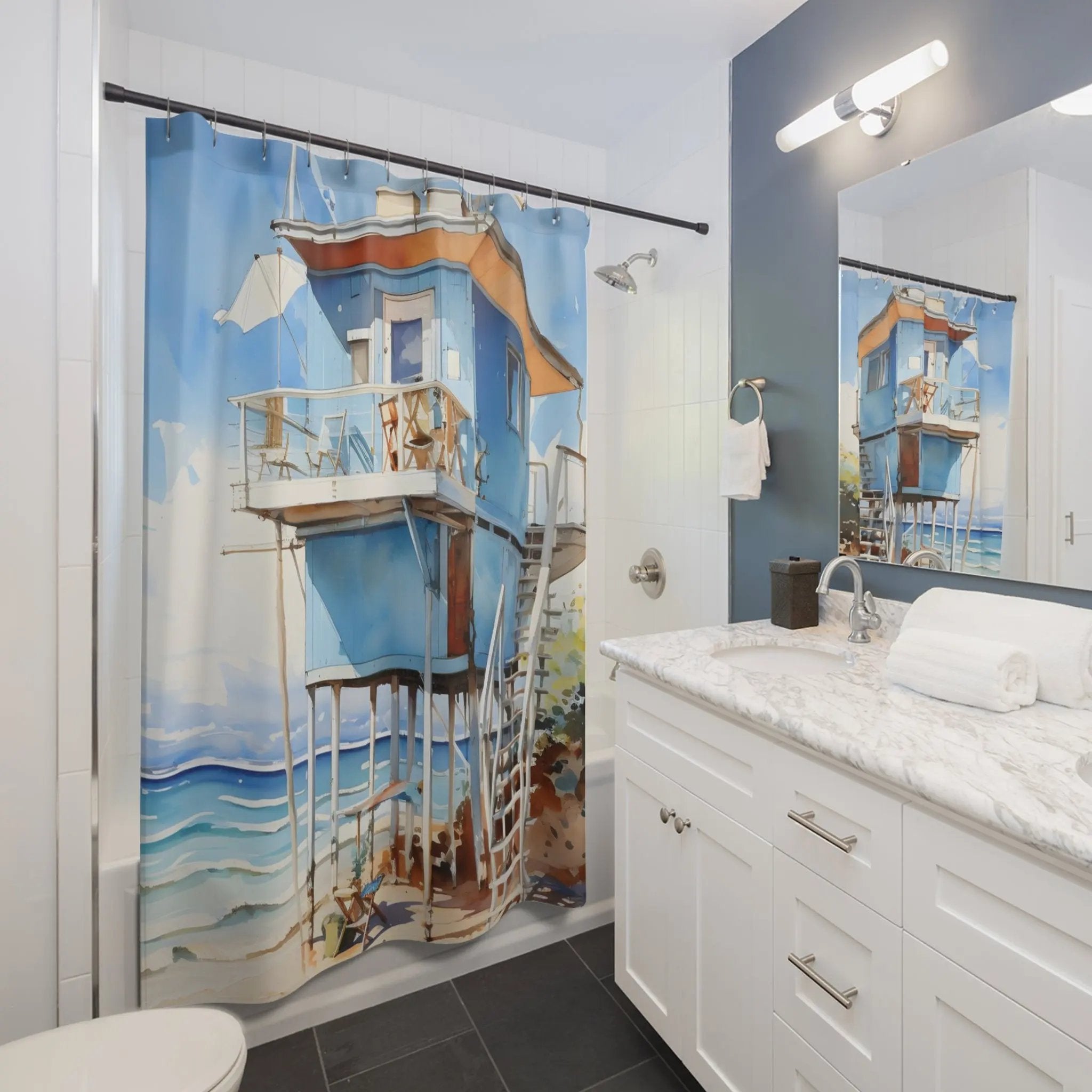 shower curtain rod | a bathroom with a shower curtain with a painting on it