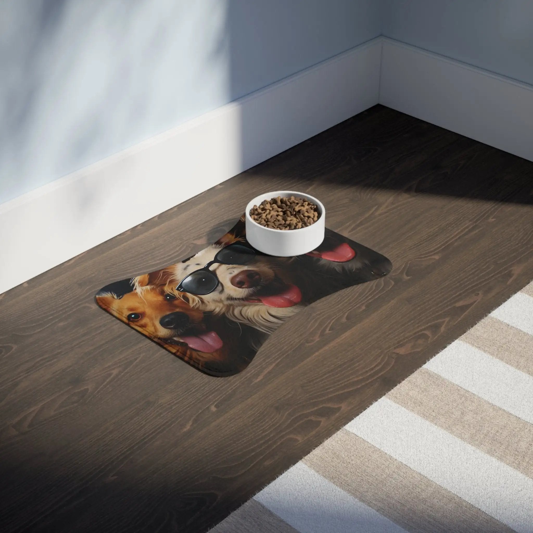 Pet Feeding Mats | a dog is eating his food out of a bowl