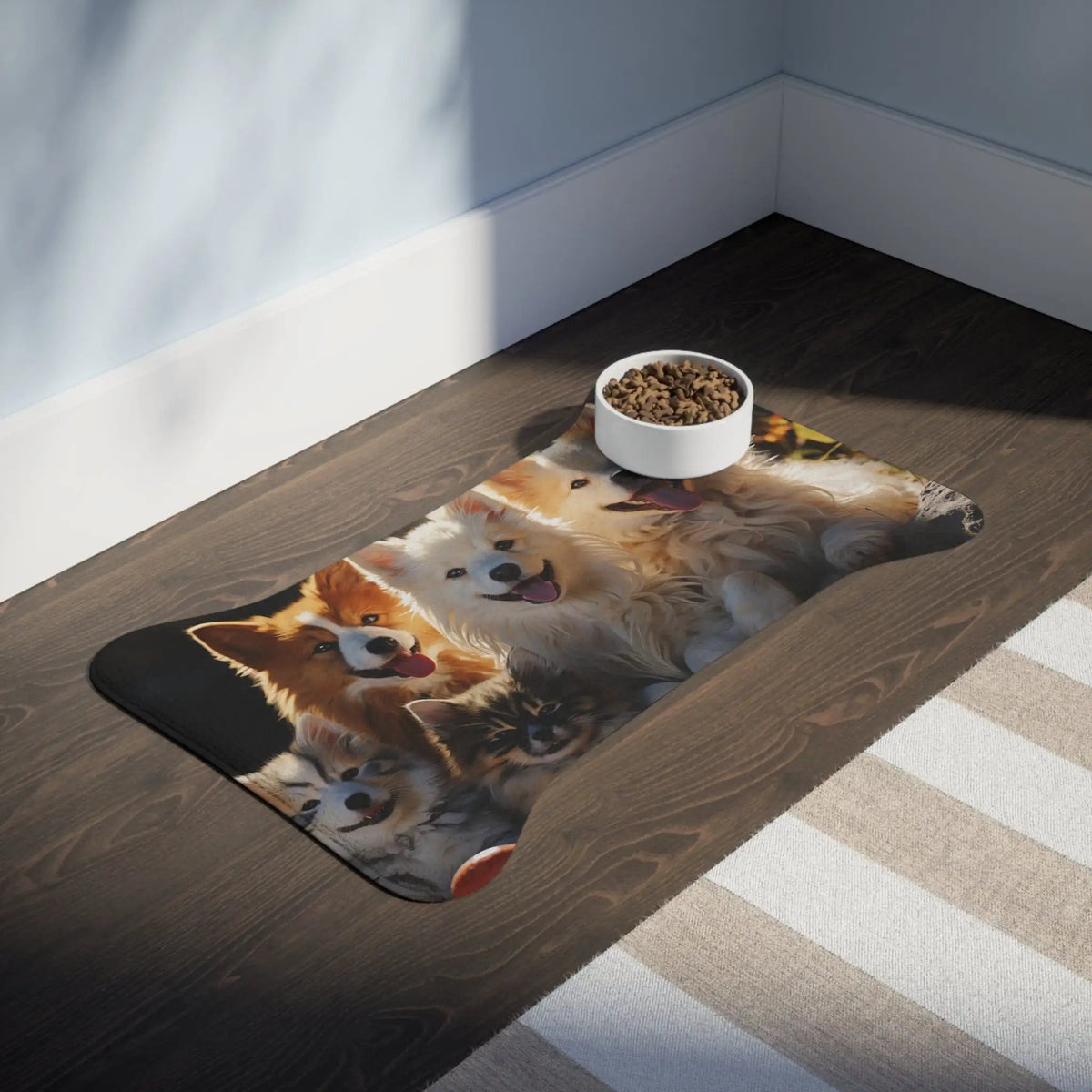 Pet Feeding Mats | a cat eating food out of a bowl on the floor