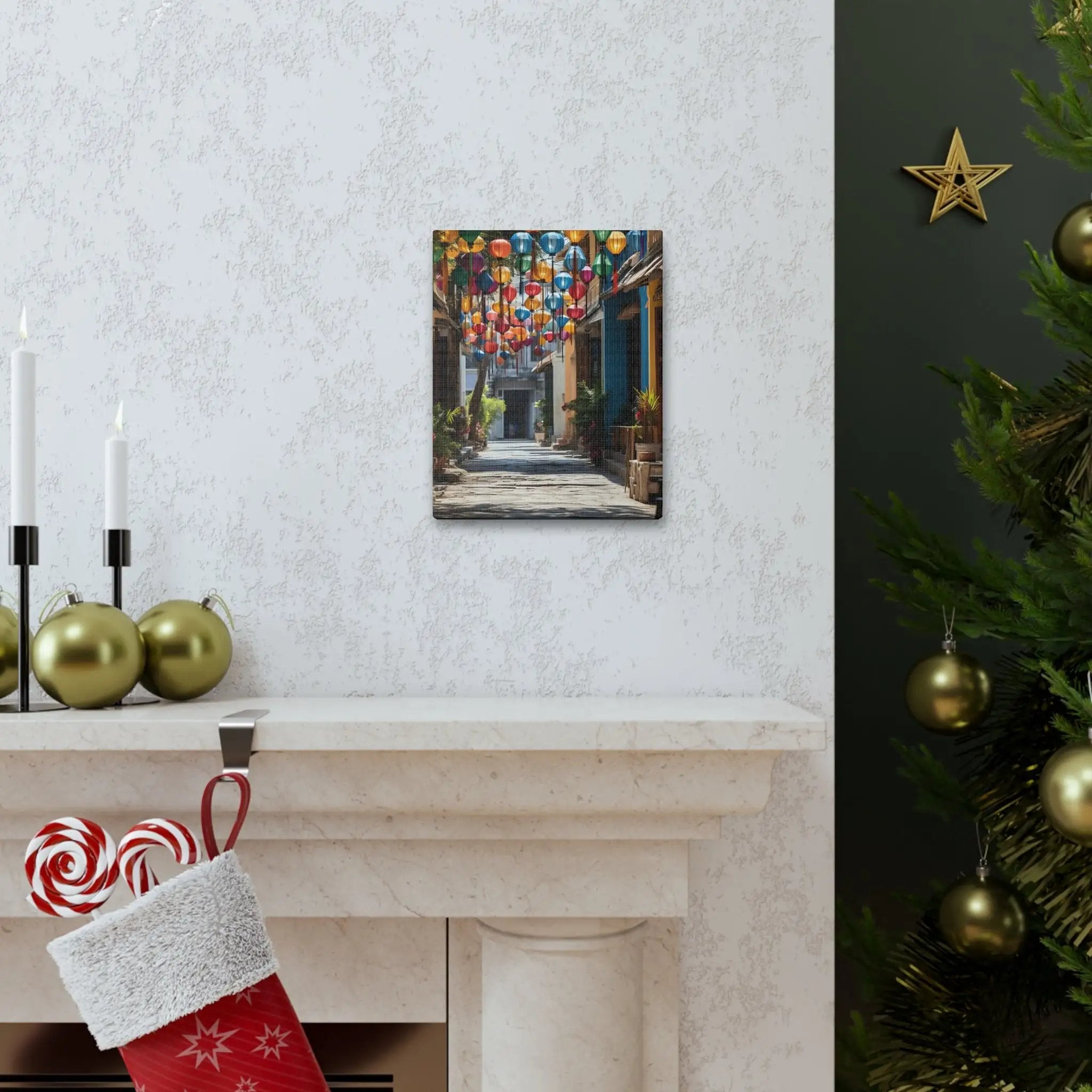 Canvas Gallery Wraps | a decorated Christmas tree in front of a fireplace