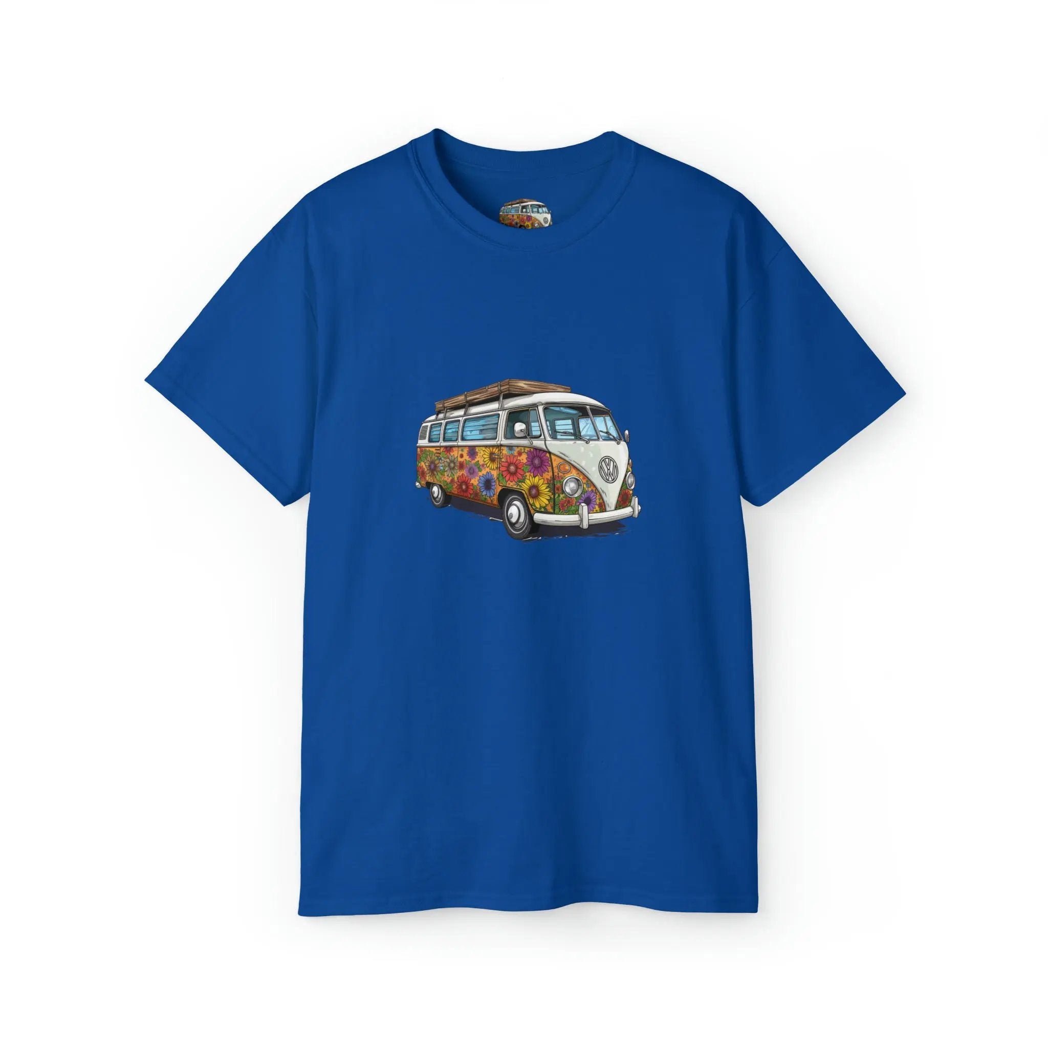 men tee graphic | a blue t - shirt with an image of a van bus